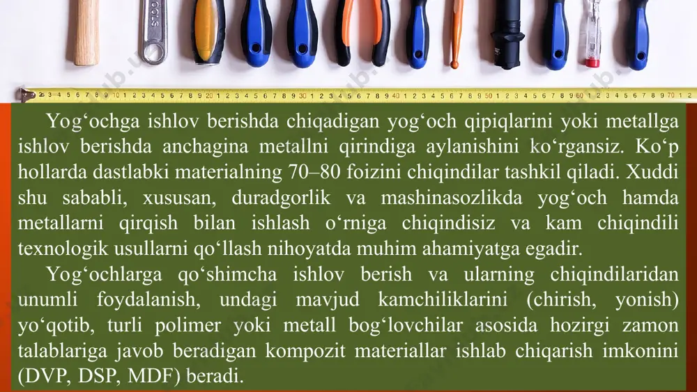 lar tayyorlanadi. bu usulda kompozit material detallarini tayyorlashda asosiy xomashyo metall va nometall materiallar kukunlaridir. metall va nometall materiallar kukunlarini olishda shar tegirmonlardan foydalaniladi. this presentation uses a free template provided by fppt.com www.free-power-point-templates.com kukun materiallardan kompozit material detallarini tayyorlash texnologiyasi quyidagi bosqichlarda amalga oshiriladi: 1. kukun materiallarni tayyorlash. 2. kukunlardan kutilgan tarkibli kukun olish. 3. ma’lum miqdordagi kukunni qolipga kiritib presslash. 4. olingan buyumga zarur xossalar berish uchun ularni termik ishlash. 5. zaruratga ko‘ra turli (masalan, podshipniklar, kirya asboblarga qo‘shimcha (kalibrlash, g‘ovaklarini moyga to‘ldirish va boshqa)) ishlovlar berish. this presentation uses a free template provided by fppt.com www.free-power-point-templates.com kukunlarni biriktirishda kukun qolipga kiritilib, puanson bilan presslanib, ma’lum vaqtdan so‘ng ajratib olinadi (93-rasm). kukunli metallurgiya usulida detallarni tayyorlashga ilgari minutlar, ba’zan soatlar sarflangan bo‘lsa, hozirda aniq forma va o‘lchamlar asosida bu ish sekundlarda amalga oshirilmoqda. this presentation uses a free template provided by fppt.com www.free-power-point-templates.com ana shu usulda metall kukuni …