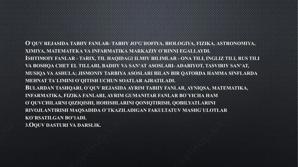 arayon aynan feodal tuzumi – o‘rta asrlar davrida sodir bo‘ldi o‘zbekiston respublikasi mustaqillikni qo‘lga kiritgach, rivojlanish va taraqqiyot yo‘li demokratik, insonparvar va xuquqiy jamiyatni barpo etishdan iboratligi e’tirof etilib, «ta’lim tizimini tubdan islox qilish, uni o‘tmishdan qolgan mafkuraviy qarashlar va sarqitlardan to‘la xalos etish»1 davlat siyosatining ustuvor yo‘nalishlaridan biri deya belgilandi. asosiy e’tibor yuksak ma’naviy va axloqiy talabalarga javob beruvchi, yuqori malakali kadrlarni tayyorlashga qaratildi. respublikada ta’lim soxasida amalga oshirilayotgan isloxotlarning asosiy mazmun xamda yo‘nalishlari o‘zbekiston respublikasining «ta’lim to‘g‘risida»gi qonuni va «kadrlar tayyorlash milliy dasturi» kabi me’yoriy xujjatlarda belgilab berilgan. demak, mavjud sharoitda pedagogika fani barkamol shaxs va malakali mutaxassisni tayyorlashga yo‘naltirilgan ijtimoiy xrakat istiqbollari, bu boradagi muammolar va ularni xal etish yo‘llarini o‘rganadi.pedagogika fanining vazifalari. pedagogika fani shaxsni shakllantirishdek ijtimoiy buyurtmani bajarish asosida jamiyat taraqqiyotini ta’minlashga aloxida xissa qo‘shadi. pedagogika fani maqsadi va vazifalarining belgilanishida ijtimoiy munosabatlar mazmuni, davlat va jamiyat qurilishi, uning xayotida etakchi o‘rin tutuvchi g‘oyalar moxiyatini …