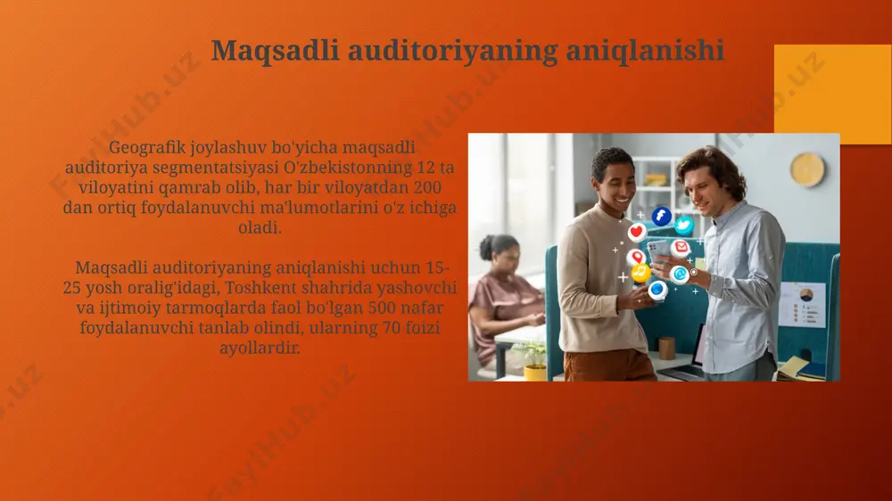 gi kampaniyalarni baholash, masalan, facebook va instagram’dagi reklamalarning konversiya stavkalarini kuzatib borish orqali, 70% gacha xarajatlarni tejashga yordam beradi va samaradorlikni oshiradi. ijtimoiy media platformalarini taqqoslash linkedin platformasi professional aloqalar o‘rnatishda samarali vosita bo‘lib, dunyo bo‘ylab 800 milliondan ortiq foydalanuvchisi mavjudligi va o‘zbekiston hududida ham o‘z auditoriyasini kengaytirmoqda. 2023-yil ma’lumotlariga ko‘ra, o‘zbekistonda facebook foydalanuvchilar soni instagramga nisbatan 2 milliontaga ko‘p bo‘lib, bu ijtimoiy media platformalarini taqqoslashda muhim omil hisoblanadi. kelajakdagi strategiya rejalashtirish farg'ona vodiysida joylashgan 5 ta yirik kompaniyaning ijtimoiy tarmoqlar strategiyasini qayta ko'rib chiqish va ularning organik yetishishini 20% ga oshirish uchun yangi kontent strategiyalari va influencer marketing texnologiyalaridan foydalanish rejalashtirilgan. samarqand viloyatida 2024-yilda o'tkaziladigan tadqiqotlar natijalariga asoslanib, ijtimoiy tarmoqlardagi reklama kampaniyalarining samaradorligini 15% ga oshirish maqsadida yangi algoritmlarni qo'llash strategiyasi ishlab chiqiladi. e'tiboringiz uchun rahmat @taqdimot_robot image3.png image4.jpg image5.jpg image6.jpg image7.jpg image8.jpg image9.jpg image10.jpg image11.jpg image12.jpg image13.jpg image14.jpg image15.jpg image16.jpg image17.jpg image18.jpg image1.png