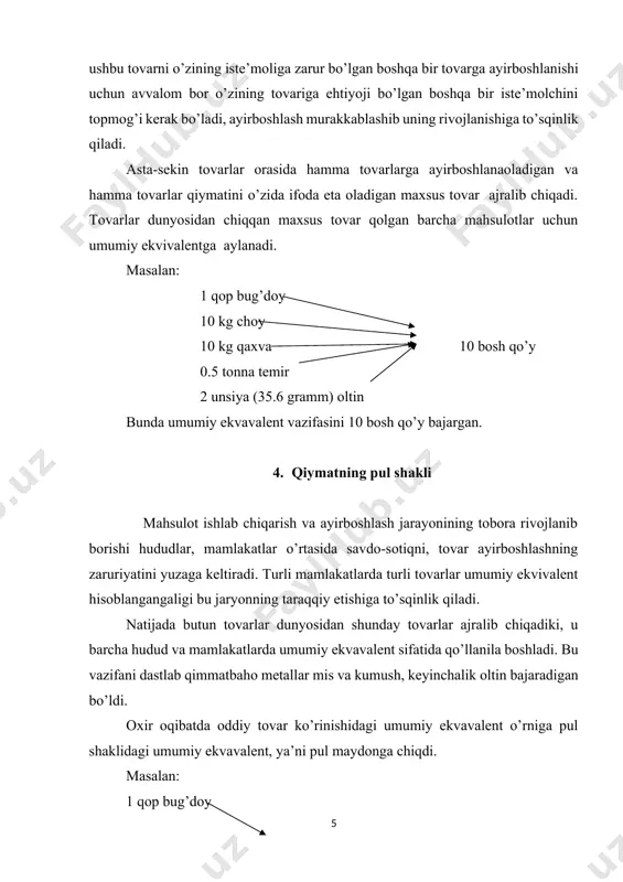 lyapina, dobryanina a.i. moskva. 2001 y str.141-166) dastlabki qog’oz pullar xii-asrda xitoyda, 1571 yilda fransiyada, 1690 yilda aqsh da, xviii- asrda yekaterini ii-davrida rossiyada paydo bo’lgan. qog’oz pullar muomilasini tashkil etishda djon lo (fransiya 1710-1720 yillar), dubasovi.i (1897-1987 yillar rossiya) kabi ayrim shaxslar faoliyatini qayd etish lozim. djon lo duelda qatnashgani uchun london turmasidan qochib gollandiyada, keyin italiyada yashab ancha boylik ortirgan va 1710 yilda fransiya davlat byudjeti daromadini oshirish bo’yicha hukumatga qog’oz pullar chiqarish bo’yicha taklif bilan chiqqan. o’sha paytda fransiya moliya vaziri bo’lgan djon lo 1720 yilda pulni qadrsizlangani tufayli fransiyani tark etadi. 1716-1720 yillardagi qog’oz pullar bo’yicha djon loni “mashinnik i proroka” deyilsada, u yevropa xalqiga qog’oz pullarni ajoyib imkoniyatlaridan voqif etdi. 2. iqtisodiyotning rivojlanishida pulning roli. mamlakat rivojlanishining asosiy vositalaridan biri pul bo’lib, bozor iqtisodiyotiga o’tish va unda faoliyat yuritishda uning o’rni va ahamiyati yanada oshib boradi. darhaqiqat, pul – “bozor tili” deb bejiz aytilmagan. har …