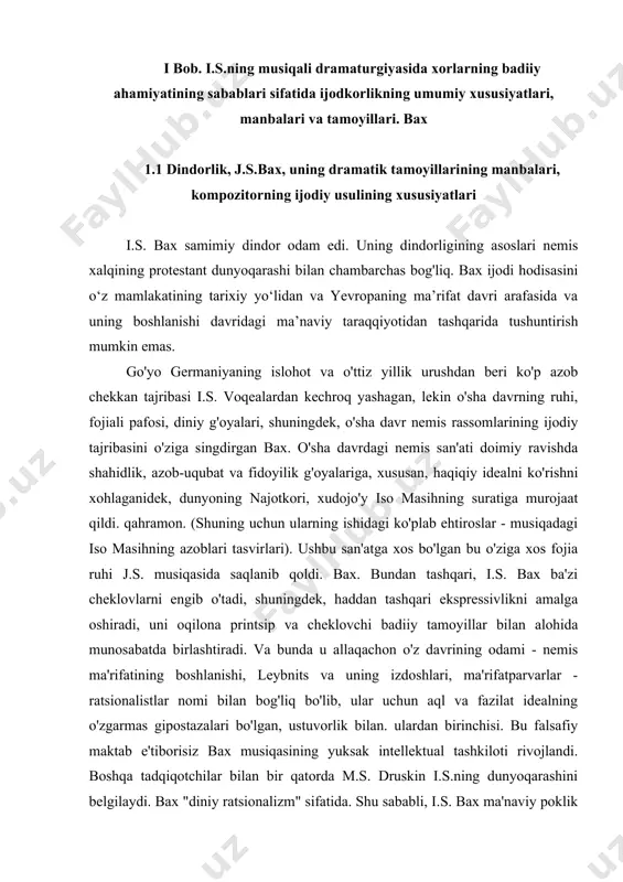 ʻularning eng yuqori intensivligi va bu his-tuygʻularning ifodalanishini tiyib turuvchi aqlning dono harakati timsoli sifatida belgilagan. agar i.s. asarlarining tashqi shakllari haqida gapiradigan bo'lsak. bax, u ishlagan janrlar haqida gapirganda, uning ishida bir yarim asrlik evropa musiqasining muhim yo'nalishlari: uyg'onish davri xor polifoniyasi, protestant xori, nemis qo'shig'i, shuts ishi, umumlashtirilganligi va to'liqligi hayratlanarli emas. italiya va nemis organ musiqasi, italiya opera va skripka - j. luli ansambl maktabi, fransuz klavesin musiqasi, italyan orkestr va klavier maktabi , ingliz musiqasi. bax an'anaviy janrlarni boshqa janrlardan o'zlashtirilgan xususiyatlar, shuningdek, 17-asr musiqasida rivojlangan shakllanish tamoyillari va intonatsion tuzilmalari bilan boyitgani diqqatga sazovordir. burger germaniyasining eski urf-odatlari va urf-odatlariga o'rganib qolgan nemis musiqasining oldingi ustalari buxtehude, böhm, pachelbel, taille, sheist, schelle , kunauning estetik ideallariga sodiq qolgan bax musiqadagi barcha yangi narsalarni juda yaxshi qabul qildi. va bu yangilik tabiiy ravishda uning ijodida ildiz otadi. misol uchun, u neo-italiya kontsert uslubi bilan eski stile …