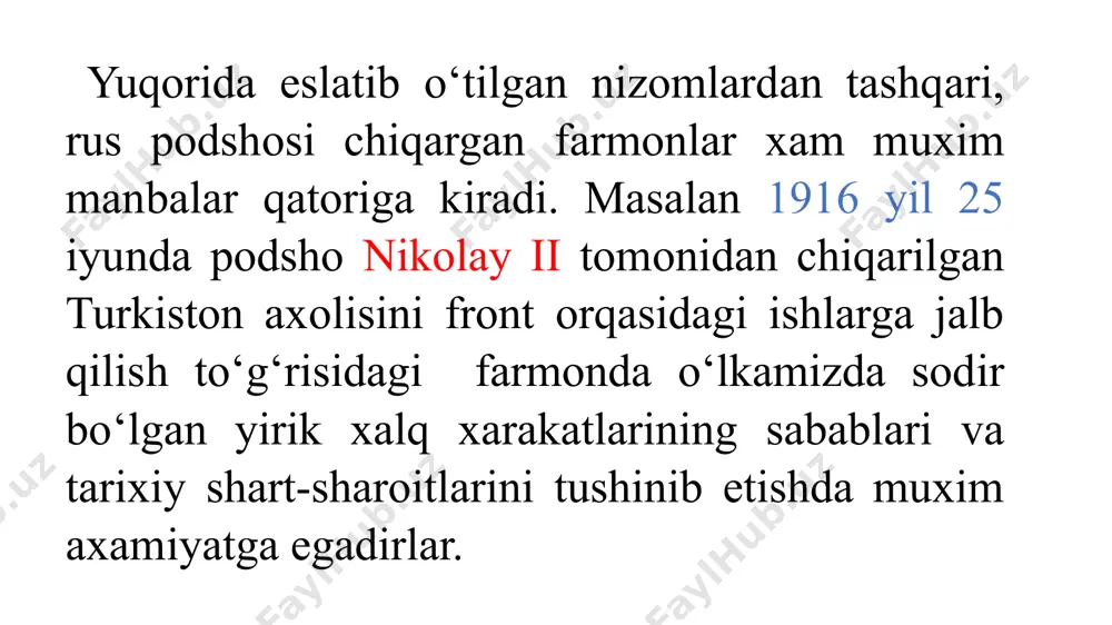 amda yo‘l qo‘yilgan xatoliklar markaziy va maxalliy davlat muassasalarining ish yuritish xujjatlarida o‘z aksini topgan. respublika vazirliklar va vazirliklarga tenglashtirilgan muassasalar, viloyat, shaxar va rayonlarning boshqaruv organlari xujjatlarida u yoki bu soxada, u yoki bu mintaqada ro‘y bergan ijtimoiy-iqtisodiy va madaniy jarayonlar o‘z ifodasini topgan. qisman nashr qilingan. asosiy qismi esa markaziy va viloyat davlat arxivlarida saqlanayotgan oliy qonun chiqaruvchi va ijroiya organlari xamda davlat muassasalarining ish yurituvchi xujjatlari eng muxim tarixiy manbalar qatoriga kiradi. xisobotlar, ma’lumotnomalar, maktublar va boshqa xildagi xujjatlardan iborat bu mansabalarsiz sovet davri tarixining to‘liq manzarasini yaratish mumkin emas sovet davri o‘zbekistonda kasaba uyushmalari yoshlar ittifoqi, xotin-qizlar qo‘mitalari, turli ijodiy va kasbiy uyushmalar (teatr xodimlari uyushmasi, yozuvchilar ittifoqi, sport jamiyatlari, rassomlar uyushmalari va xakozo)lar faoliyat ko‘rsatar edi. bundan qa’tiy nazar, jamoat tashkilotlarining s’ezdlari, konferensiyalari va yig‘ilishlarida qabul qilgan qarorlar, ularning dastur va murojatnomalari ijtimoiy xayotning turli qirralarini yoritishda muxim o‘rin tutadi. ammo bu uyushmalar xujjatlaridan tanqidiy …