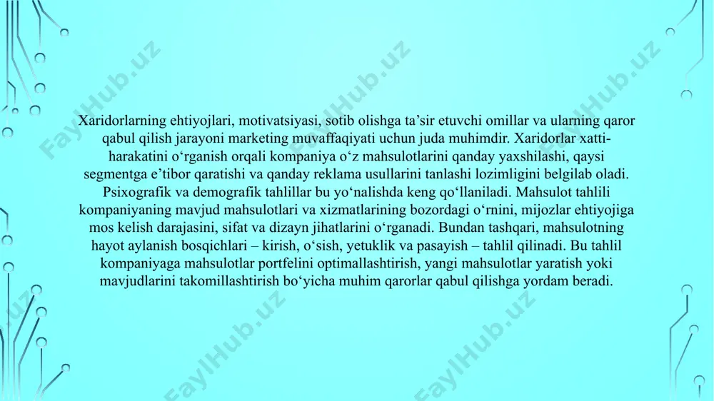 sayt strukturasini yaxshilash, kontent strategiyasini o‘zgartirish yoki orqaga havolalar (backlink) bazasini rivojlantirish mumkin bo‘ladi. seo – organik trafikka olib keluvchi asosiy manba bo‘lib, doimiy tahlilni talab qiladi. facebook, instagram, twitter, tiktok va boshqa ijtimoiy platformalarda olib borilayotgan marketing faoliyatining samaradorligini o‘lchash uchun ijtimoiy tarmoqlar tahlili qo‘llaniladi. bu tahlil orqali obunachilar soni, postlar bilan o‘zaro aloqa (like, share, comment), qamrov darajasi, reklama kampaniyalari roi ko‘rsatkichlari aniqlanadi. hootsuite, sprout social, meta business suite kabi vositalar ijtimoiy media monitoringini yengillashtiradi. ushbu tahlil foydalanuvchilar bilan samarali muloqot qilish va brend imijini shakllantirish uchun zarurdir. elektron pochta orqali yuborilgan xabarlarning ochilish darajasi (open rate), bosishlar soni (click-through rate), obunadan chiqishlar va konversiyalar elektron pochta kampaniyasining samaradorligini aniqlaydi. mailchimp, sendinblue, hubspot kabi platformalar bu ko‘rsatkichlarni aniq va qulay tarzda taqdim etadi. ushbu tahlil asosida kompaniya email dizaynini, kontentni yoki yuborish vaqtini optimallashtirishi mumkin. e-mail marketing tahlili mijozlar bilan doimiy aloqani ta'minlash va ularni sodiq iste’molchiga aylantirishda …