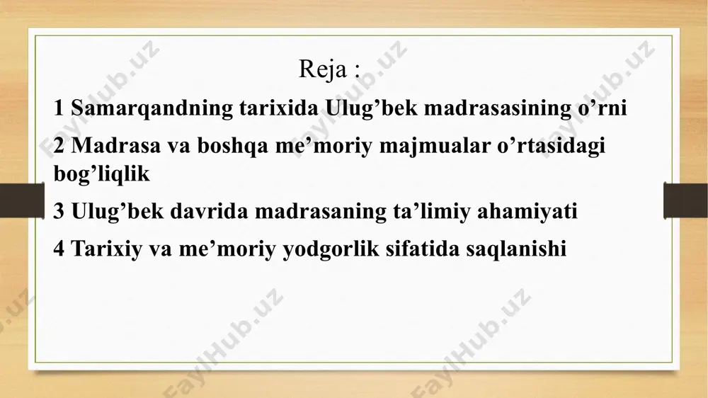 ri darajada rivojlanganligi ko'zga tashlanadi. ulug'bek madrasasida geometrik naqshlar, arabesqalar, o'ziga xos koshin ishlari va rang-barang tasvirlar mavjud. bu xususiyatlar boshqa samarqandlik me'moriy obidalar, masalan, bibi-xonim masjidi va shah-i-zinda kompleksida ham uchraydi. ularning barchasi o'sha davrdagi islom san'ati va me'morchiligining eng yaxshi misollaridir madrasalar o’rtasidagi bog’liqlik ulug'bek madrasasi, registon maydonidagi boshqa madrasalar bilan o'zaro aloqaga ega. registon maydoni samarqanddagi eng yirik me'moriy majmua bo'lib, bu yerda uchta madrasadan iborat: ulug'bek madrasasi, sherdor madrasasi va tilla-kori madrasasi. ulug’bek davrida madrasaning ta’limiy ahamiyati ulug'bek madrasasi nafaqat diniy ta'lim berish, balki ilm-fan va san'atni rivojlantirish maqsadida qurilgan edi. bu madrasada, asosan, ilmiy ta'lim, jumladan, astronomiya, matematika, falsafa, mantiq, tafsir, hadis va fiqh kabi fanlar o'qitilgan. ulug'bekning o'zi bu ilm-fan sohalariga katta e'tibor berar, o'z davrining eng olimlaridan biri bo'lib, madrasada ilmiy ishlarni rag'batlantirgan. ulug'bekning davrida samarqandda ishlagan mashhur olimlardan ba'zilari ali qushchi, ziya'uddin nasriddin tusi va qazi-zadeh rumi kabi olimlardir. bu olimlar madrasada …