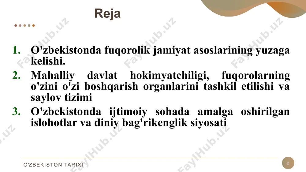 ar to'g'risida”gi qonun “ommaviy axborot vositalari to'g'risida”gi qonun 5 6 i. davlat va jamiyat qurilish tizimini takomillashtirish (moviy havorang– osmon va toza suv ramzi, buyuk amir temur davlatining bayrog'ining rangi) ii. qonun ustuvorligini ta'minlash va sud-huquq tizimini yanada isloh qilish (siyohrang– qonuniylik elementlari hisoblangan ustuvorlik va or-nomuslilik ramzi) iii. iqtisodiyotni rivojlantirish va liberallashtirish (tillarang – iqtisodiyotni rivojlantirish elementlari hisoblangan kuch-qudrat va boylik ramzi,) iv. ijtimoiy sohani rivojlantirish (qizil rang – hayot va aholining munosib turmush tarzini ta'minlash ramzi) v. xavfsizlik, diniy bag'rikenglik va millatlararo totuvlik, o'zaro manfaatli va amaliy tashqi siyosat (oq rang – tinchliksevarlik siyosati elementlari hisoblangan tinchlik va soflik ramzi) 2017-2021 yillarda harakatlar strategiyasi o'zbekiston tarixi o'zbekistonda ijtimoiy siyosatning ustuvor yo'nalishlari quyidagilardan iborat: 1. qashshoqlikni qisqartirish . 2. uy-joy kommunal xo'jaligini islox etish. 3. pensiya islohotlari. 4. ta'lim tizimini modernizatsiyalash. 5. aholi turmush darajasini oshirish. 6. ish bilan bandlikni muvofiqlashtirish. 7. sog'liqni-saqlash tizimini rivojlantirish. 8. samarali migratsion siyosat …