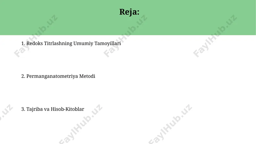 ratsiya: kirish uzbekiston kimyo sanoatida, xususan, metallurgiya va qishloq xo'jaligi sohasida redoks titratsiyasi, 50 dan ortiq turdagi namunalarni tahlil qilishda ishlatiladigan muhim usullardan biri hisoblanadi. permanganometriya, 1850-yillarda germaniyada kashf etilgan va hozirgi kunda suvning kimyoviy tahlilida, masalan, temir (ii) ionlarining konsentratsiyasini aniqlashda keng qo'llaniladigan redoks titratsiyasi usulidir. titratsiya jarayoni va ko'rsatkichlar titrlash nuqtasini aniqlash uchun, oksidlanish-qaytarilish reaksiyasi tufayli eritmaning rang o'zgarishi kuzatiladi, masalan, rangsiz eritma 0.1 ml kmno4 qo'shilgandan keyin pushti rangga o'tishi, titrlash tugaganini ko'rsatadi. ba'zi hollarda, masalan, temir (ii) ionlarini aniqlashda, difenilamin yoki ferroin kabi indikatorlar qo'llanilishi mumkin, bu indikatorlar 0,01-0,1% konsentrasiyadagi eritmalarda 5 ml hajmdagi namunada aniq natijalar beradi. redoks reaksiyalarining stoxiometriyasi permanganatometriyada, 1 mol kmno₄ ning 5 mol elektronni qabul qilishi natijasida mn²⁺ ga aylanishi, reaksiyaning stoxiometrik nisbatini 1:5 ga belgilaydi va bu aniq hisob-kitoblarni amalga oshirishga imkon beradi. 25°c da, 0.1 m kmno₄ eritmasi bilan temir (ii) sulfatning titrlanishida, 1:5 reaksiya stoxiometriyasi asosida, 10 ml …