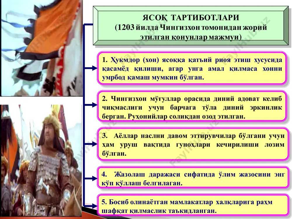 нгизхон 1219 йили ўз ўғиллари бошлиқ 200 мингга яқин асосий ҳарбий кучлари билан хоразмшоҳ ануштегинийлар давлати устига юриш бошлади;  чингизхон ўтрор шаҳри яқинида қўшинни жамлаб уни тўрт қисмга бўлади: (ўтрор шаҳри аҳолиси мўғулларга қарши қамалда қаршилик кўрсатади чингизхон бунга жавобан шаҳарни ёқиб юборишга буйруқ берди):  чиғатой ва ўқтой қўшинининг бир қисми билан ўтрорни қамал этиб, эгаллаш учун қолдирилди;  иккинчи қисм эса жўчи бошчилигида сирдарёнинг юқори оқимидаги жанд, янгикент, барчинлиғккент, сиғноқ шаҳарларини босиб олиш учун юборилди;  учинчи қисмидаги беш минг чоғли қўшинга олоқ нўён ва сукету- чэрби бош бўлиб ўтрордан жанубга, хўжанд ва банокатни эгаллаш вазифаси топширилди  чингизхоннинг ўзи бош бўлган тўртинчи асосий қисм зарафшон воҳаси томон бухоро ҳамда самарқандни истило этиш учун йўл олди;  кўкхон бошчилигидаги 400 та мудофаачилар бухоро аркида яна ўн икки кун қаттиқ қаршилик кўрсатдилар. аркни эгаллаш учун қилинган мўғуллар ҳатти-ҳаракатлари зое кетди;  қалъадаги чуқурликлар одам ва ҳайвон ўликлари билан …