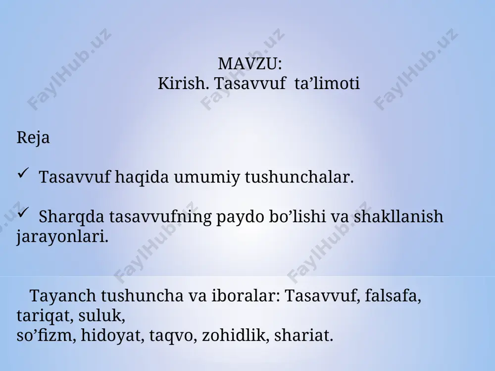 shuningdek,indoneziya va shimoli-g’arbiy xitoyda tarqalgan. so’fiylik suluklarida murshid va murid (pir va shogird) munosabatlari asosiy o’rinni egallaydi. so’fiylikda ruhiy kamolotga erishishning asosiy yo’llari to’rt bosqichdan iborat: shariat tariqat ma’rifat haqiqat tasavvuf ilmi quyidagicha guruhlanadi: ilmi shariat, ilmi tariqat, ilmi ma’rifat , ilmi haqiqat. ilmning xususiyatiga qarab-ilmi nazar (ekzoterizm),ilmi botin (ezoterizm). ilimni egallashga qarab :ilmi qol,ilmi hol. so’fiylar hayotidagi voqealar bo’yicha: ilmi karomat, tush ta’biri, qalb ta’limi. ilmga yetishish usullari bo’yicha:ilmi yaqin, ilmi farosat,ilmi laduniy. tasavvuf tarixi uch davrga bo’linadi:zohidlik,oriflik,oshiqlik. ,,ogoh bo’lingizki, albatta, allohning valiylariga oxiratda xavf yo’qdir va ular tashvish ham chekmaslar. ular iymon keltirgan va taqvoliy bo’lganlardir”(ya’ni allohning suyukli bandalaridir) 10-,,yunus”surasi,62-63 oyatlar savollaringiz bormi?