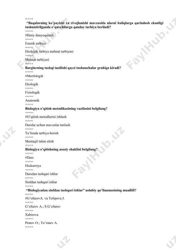 sulini belgilang ==== #test topshiriqlari bajartirish ==== og’zaki so’rash ==== suhbat ==== uy topshiriqlarini tekshirish ++++ xlorellaning sanoat miqyosida ko’paytirish mazmunini o’rgatishda o’quvchilarga qanday tarbiya beriladi? ==== #politexnik tarbiya ==== ilmiy dunyoqarash ==== estetik tarbiya ==== ekologik tarbiya ++++ darasning ilmiy maqsadi qanday aniqlanadi? ==== #dars mavzusidani asosiy tushunchalarga qarab. ==== dars tipiga qarab ==== dars jihozlariga qarab ==== dars strukturasiga qarab ++++ darsning mantiqiy bo’laklariga nima deyiladi? ==== #dars mazmuni; ==== dars tarkibi ==== darsning ilmiy tarkibi ==== darsning tarbiyaviy jihati. ++++ darsning necha xil maqsadi bo’ladi? ==== #3 xil ==== 4 xil ==== 5 xil ==== 6 xil ++++ darsning tarbiyaviy ahamiyati nimaga qarab belgilanadi? ==== #dars dars mazmuniga ==== dars strukturasig ==== dars tipiga ==== dars jihozlariga ++++ darsliklarning metodik apparatiga nimalar kiradi? ==== #yuqoridagilarning barchasi ==== rasmlari ==== ishning bajarishga oid tavsiyalar ==== mundarijasi ++++ didaktik o’yinlar tashkil qilish qanday mavzularda yaxshi natija beradi? ==== #yakuniy …