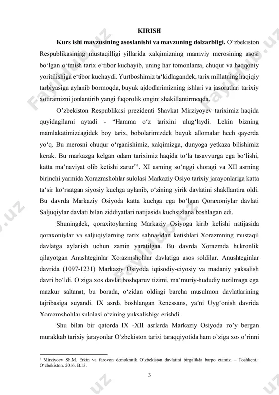 natijasida qoraxoniylar va saljuqiylarning tarix sahnasidan ketishlari xorazmning mustaqil davlatga aylanish uchun zamin yaratilgan. bu davrda xorazmda hukronlik qilayotgan anushteginlar xorazmshohlar davlatiga asos soldilar. anushteginlar davrida (1097-1231) markaziy osiyoda iqtisodiy-ciyosiy va madaniy yuksalish davri bo‘ldi. o‘ziga xos davlat boshqaruv tizimi, ma‘muriy-hududiy tuzilmaga ega mazkur saltanat, bu borada, o‘zidan oldingi barcha musulmon davlatlarining tajribasiga suyandi. ix asrda boshlangan renessans, ya‘ni uyg‘onish davrida xorazmshohlar sulolasi o‘zining yuksalishiga erishdi. shu bilan bir qatorda ix -xii asrlarda markaziy osiyoda rо’y bergan murakkab tarixiy jarayonlar о’zbekiston tarixi taraqqiyotida ham о’ziga xos о’rinni egallagan. 999-yili qoraxoniylar yana buxoroni ishgʻol etib, amir abdul malik ii va podshoh oilasini asirga oladilar. bu hol movarounnahrda hokimiyat qoraxoniylar foydasiga uzil-kesil hal boʻlishiga olib keladi. qoraxoniylar davlati koshgʻardan amudaryogacha choʻzilgan sharqiy turkiston, yettisuv, shosh, fargʻona va qadimgi soʻgʻd yerlarini oʻz ichiga olgan. 1005-yilgacha somoniylarning soʻnggi vakili al-muntasir qoraxoniylar bilan muvaffaqiyatli kurashgan, biroq raqibning koʻpsonli qoʻshini pirovard gʻalabani taʼminlagan. bogʻdod halifi fatvosi …