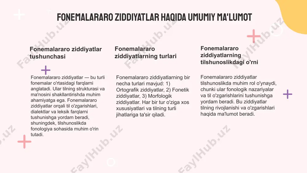 farqlar, tilning strukturasini belgilaydi. o'zbek tilidagi fonemalar 3 guruhga bo'linadi: unli, undosh, va shovqinli fonemalar. har bir guruhning o'ziga xos xususiyatlari bor, ularning misollarini keltirish mumkin. photo by wynand van poortvliet on unsplash xulosa fonemalar lisoniy birliklar sifatida tovushlar va ularning ahamiyatini ifodalaydi. vokal va konsonant fonemalar tasniflanadi. fonemalararo ziddiyatlar, fonetik o'zgarishlar va ularni bartaraf etish usullari muhimdir. hozirgi o'zbek adabiy tilida fonemalar, tilni ifodalashda va tushunishda muhim rol o'ynaydi. bu fonemalarning farqlovchi va struktural xususiyatlari, dialekt va aksentlar bilan aloqalari hamda kommunikativ jarayonlardagi ahamiyati muhimdir. photo by super straho on unsplash foydalanilgan adabiyotlar 1. jalilov m. fonemalar va ularning lisoniy xususiyatlari. o'zbekiston milliy universiteti, 2021 2. rahimov s. hozirgi o'zbek adabiy tilida fonemalar va ularning o'zaro ziddiyatlari. o'zbekiston fanlar akademiyasi, 2022 3. toshpulatov o. fonemalarning lisoniy tushunchalari. o'zbek tilshunoslik jurnali, 2020 4. xolmirzaev a. fonemalararo ziddiyatlar: nazariya va amaliyot. o'zbekiston davlat universiteti, 2023 5. murodov a. o'zbek tilidagi fonemalarning …