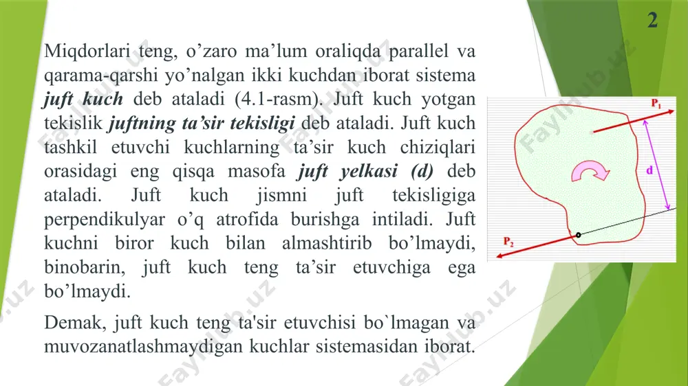 tining vektori orqali ifodalash mumkin. moduli (4.1) dan aniqlanadigan vektor juft momenti vektori deyiladi. u juft tekisligiga perpendikulyar bo`lib, uning uchidan qaralganda jism har doim soat strelkasiga qarshi aylanadi (4.1-rasm). 7 4.3. juft kuchlarni qoʻshish faraz qilaylik, ) va ) juftlar ikkita kesishuvchi tekislikda joylashgan boʻlsin (4.3-rasm). 4.3-rasm. 8 9 fazoda joylashgan juftlar sistemasi muvozanatlashishi uchun mazkur juftlar momentlarining geometrik yig`indisi nolga teng bo`lishi zarur va yetarlidir: (4.12) (4.12) ni dekart koordinata oʻqlariga proyeksiyalasak: (4.13) (4.13) dan koʻramizki, fazoda joylashgan juftlar sistemasi muvozanatda boʻlishi uchun juftlar momentlari vektorlarining har bir koordinata oʻqlaridagi proyeksiyalarini yig`indisi nolga teng boʻlishi kerak. agarda juftiar tekislikda joylashgan boʻlsa, bu juftlar momentlarinig algebraik yigʻindisi nolga teng boʻlishi zarur va yetarli [8]: (4.14) 10 11 12 takrorolash uchun savollar 1.juft kuch va juft momenti nima? 2.juft momenti vektori qanday yo`nalgan va uning miqdori nimaga teng? 3.qanday shart bajarilganda ikkita juft ekvivalent bo`ladi? 4. fazoda joylashgan juftlar qanday …