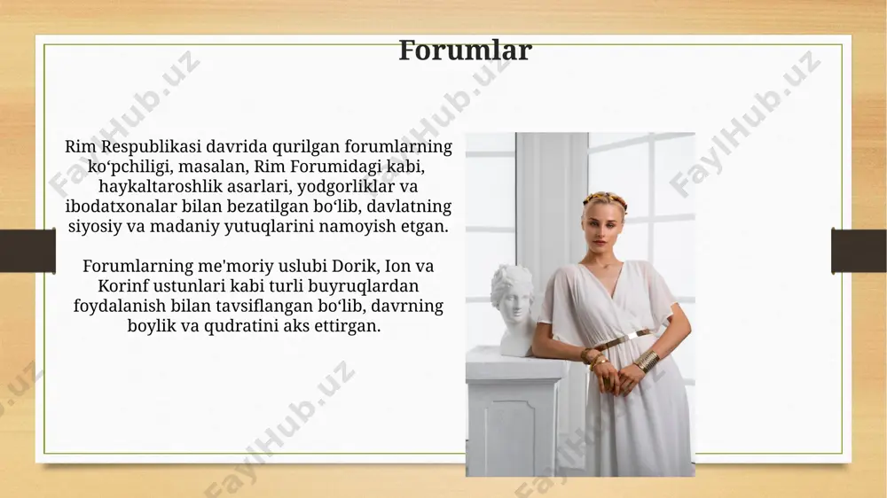 o'lgan. rim respublikasi davrida haykaltaroshlikda portretlarning realistik tasvirlari ustunlik qilgan bo'lib, 200 dan ortiq senator va boshqa muhim shaxslarning byustlari saqlanib qolgan. mozaikalar rim respublikasidagi mozaikalar, ayniqsa, villalarda, taxminan miloddan avvalgi ii asrdan milodiy i asrgacha bo'lgan davrda keng tarqalgan bo'lib, geometrik va tabiiy naqshlardan iborat edi. ba'zi mozaikalar murakkab sahnalarni, masalan, mifologik hikoyalarni yoki kundalik hayot manzaralarini tasvirlab, yuqori mahorat va murakkab texnikalarni namoyish etadi, ba'zi asarlarda 10.000 dan ortiq tesseraelar qo'llanilgan. e'tiboringiz uchun rahmat @taqdimot_robot image7.jpg image8.jpg image9.jpg image10.jpg image11.jpg image12.jpg image13.jpg image14.jpg image15.jpg image16.jpg image17.jpg image18.jpg image19.jpg image20.jpg image21.jpg image22.jpg image23.jpg image3.png image4.png
