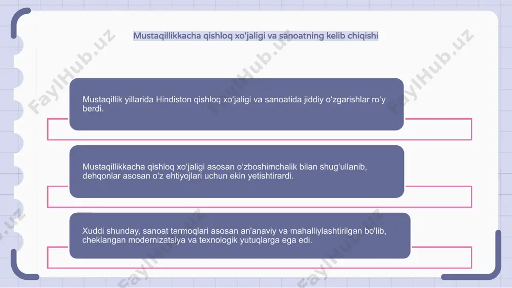 o‘sishiga to‘sqinlik qildi va fermerlarning oziq-ovqatga bo‘lgan talabini qondirishda qiyinchiliklar tug‘dirdi. qishloq xo‘jaligini rivojlantirish bo‘yicha davlat siyosati va tashabbuslari mustaqillik yillarida qishloq xo‘jaligida ham, sanoatda ham jiddiy o‘zgarishlar ro‘y berdi. davlat siyosati va tashabbuslari qishloq xo‘jaligini rivojlantirishda hal qiluvchi rol o‘ynadi. hukumat tomonidan qishloq xo‘jaligini rivojlantirishga ko‘maklashish maqsadida sug‘orish inshootlari uchun subsidiyalar, ekinlarni sug‘urtalash, zamonaviy dehqonchilik texnikasini joriy etish kabi turli sxema va dasturlar amalga oshirildi. bu tashabbuslar fermerlarning hosildorligi va daromadini oshirishga yordam berdi. bundan tashqari, hukumat qishloq joylarda infratuzilmani rivojlantirishga, masalan, qishloq xo'jaligi bozorlari, omborxonalar va qishloq yo'llarini qurishga e'tibor qaratdi. bu qishloq xo‘jaligi mahsulotlarini fermer xo‘jaliklaridan bozorlarga bemalol olib o‘tish, hosildan keyingi yo‘qotishlarni kamaytirish va dehqonlarning bozorlarga kirish imkoniyatini yaxshilash imkonini berdi. iqtisodiy o'sishda sanoatning roli mustaqillik yillarida qishloq xo‘jaligi va sanoatda jiddiy o‘zgarishlar bo‘ldi. iqtisodiy o'sishda sanoatning rolini e'tiborsiz qoldirib bo'lmaydi. qishloq xo‘jaligida modernizatsiya va yangi texnologiyalar joriy etilayotgani, natijada hosildorlik va samaradorlikning oshishiga guvoh bo‘ldi. …