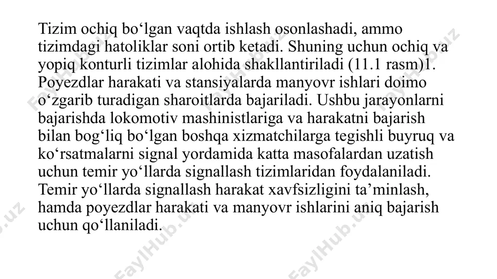 xil ma’noni anglatadi. tovushli signallarni berish uchun lokomotivlar va motorli vagonlar ovozi (gudogi), drezina hushtaklari, qo‘l hushtaklari, surnay (rojok), sirena, gudok va petardalar qo‘llanadi. tovushli signallar odatda qisqa masofalardan eshitiladi va ularni uzatish aniqligi kamroq bo‘lgani sababli odatda ushbu signallarni berishda odam ishtiroki talab etiladi. ovozli signallar fuqarolik muhofazasi bo‘yicha qabul qilingan umumiy signallardan va temir yo‘llarga xos maxsus signallardan iborat bo‘lishi mumkin. hozirda takomillashgan zamonaviy aloqa tizimlari keng qo‘llanishi sababli temir yo‘llarda tovushli signallarning asosan harakat tashkiliga tegishli bo‘lgan belgilaridan, jumladan: jo‘nash, oldinga yoki orqaga yurish, tormozlash, tormozlarni bo‘shatish, harakatni sekinlashtirish, to‘xtash va shu kabilardan ko‘proq foydalaniladi. ko‘rinuvchan signallar vaqtiga qarab kunduzgi, tungi va kecha-kunduz birday qo‘llaniladigan bo‘lishi mumkin. ko‘rinuvchan signallar svetoforlar, bayroqlar, fonarlar, shchit va gardishlar, signal belgilari va signal ko‘rsatkichlari yordamida beriladi. kunduzgi signallar kunning yorug‘ vaqtida amal qilib signal rangi, shakli, holati, soni va birlashishi bilan farqlanadi. tunggi signallar kechasi beriladigan signal chiroqlarining belgilangan ranglari va …