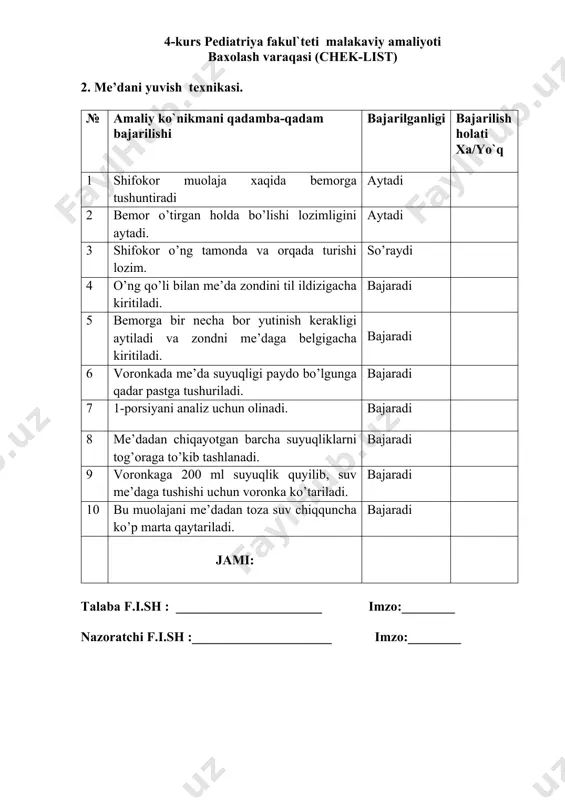 amida asta-sekin havo beriladi. bajaradi 8 havo bosimi ostida tanometrdagi simob shisha naychaga ko`tariladi, arteriyadagi pulsatsiya tovushi eshitiladi. bajaradi 9 tanometrdagi ko`rsatgich raqamni esda saqlanadi. bajaradi 10 vintil ochiladi va asta-sekin havo chiqariladi. bajaradi 11 fonendoskop tirsak bo`g`imiga qo`yiladi. aytadi 12 nokchadagi vintelni yopib, havo yuboriladi, oldingi raqamdan baladroq (20-30 ml simob ustuniga) ko`tariladi. bajaradi 13 vintel asta-sekin ochiladi va havo chiqariladi. tanometr strelkasi asta-sekin tushiriladi. bajaradi 14 paydo bo`lgan tovush diqqat bilan eshitiladi va tovush eshitilgan raqam eslab qolinadi, bu sistolik bosim deb yuritiladi. so’raydi 15 paydo bo`lgan tovushning tamom bo`lgan payti tonometrdagi raqam diastolik bosim deb yuritiladi. bajaradi 16 manjetkadagi havo chiqariladi va yechiladi. bemor o`z holatiga keltiriladi. bajaradi 17 arterial bosimni baholab, kerak bo`lsa vrachgacha bo`lgan yordam ko`rsatiladi. bajaradi 18 olingan ma’lumotlar bemorning tibbiy haritasiga qayt etiladi. bajaradi 19 ko`rsatilgan raqamlar nisbat shaklida (110/70) jadval tarzida harorat varaqasiga qayt etiladi. bajaradi 20 qo`l yuviladi. bajaradi jami: talaba …