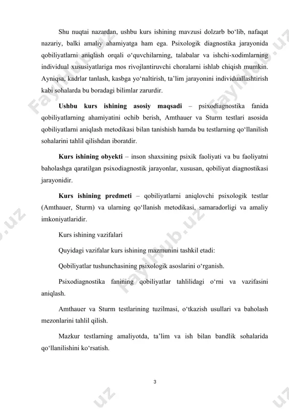 bandlik sohalarida qo‘llanilishini ko‘rsatish. qobiliyat testlarini tanlashda va ulardan foydalanishda e’tibor berilishi kerak bo‘lgan metodik talablarni aniqlash. 1-bob. ob'ekt va usullar 1.1. tadqiqot ob’ekti va predmeti qobiliyatlarning psixologik diagnostikasi bo'yicha ishlarning dolzarbligi, birinchi navbatda, ushbu muammoning katta amaliy ahamiyati bilan belgilanadi. jamiyatda mavjud mehnat taqsimoti, uning davom etayotgan tabaqalanishi, kasblar sonining muttasil ortib borishi insonning turli faoliyat turlariga nisbatan qobiliyat va mayllarini o‘rganishning ahamiyatini oshiradi. kasb-hunarga yo'naltirish va maslahat berish, kadrlarni kasbiy tanlash va ish joylariga joylashtirish, ishlab chiqarish ta'limi kabi amaliyot sohalari qobiliyatlarning rivojlanish darajasini diagnostika qilishning ishonchli, samarali, prognozli usullarini ishlab chiqish va qo'llashni talab qiladi. bunday usullar bolalarda iqtidorni erta tashxislash, ularning ijodiy, musiqiy, badiiy va boshqa qobiliyatlarini aniqlash uchun ham zarurdir. qobiliyatlarning psixodiagnostikasi aniq insonparvarlik yo'nalishiga ega, chunki u individual xususiyatlarni hisobga olgan holda insonning imkoniyatlari va moyilligi, mashg'ulotlarni tashkil etish usullari va vositalariga mos keladigan kasblarni tanlashga yordam beradi. bularning barchasi ijobiy professional motivatsiya va …