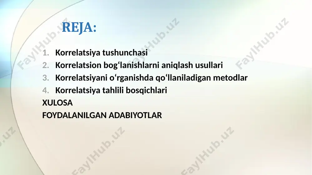 sh mavjud, lekin tolali uzunlik bilan hosildorlik orasida manfiy korrelatsiya kuzatiladi. kartoshkada ildiz-meva massasi barg soni bilan ijobiy, gullash davri uzunligi bilan esa manfiy korrelyatsiyada bo‘lishi mumkin. seleksiyada ahamiyati o‘simliklarning belgilarini yaxshilashda korrelatsiya juda muhim. agar kerakli belgilar ijobiy bog‘langan bo‘lsa, seleksiya samarali kechadi (masalan, hosildorlik va kasalliklarga chidamlilik). agar salbiy korrelatsiya mavjud bo‘lsa, seleksiya murakkablashadi (masalan, va sifat belgilari qarama-qarshi bo‘lishi). korrelatsiyani o‘rganishda qo‘llaniladigan metodlar variatsion-statistik tahlil regression tahlili (bir belgining ikkinchisiga ta’sirini aniqlash) multikorrelatsiya (ko‘p belgilar o‘rtasidagi bog‘lanish) fenotipik va genotipik korrelatsiya:fenotipik – tashqi ko‘rinishdagi bog‘lanish; genotipik – irsiyat orqali o‘tadigan bog‘lanish korrelatsiya tahlili bosqichlari tadqiqot ob’ektini aniqlash (masalan, paxta navlari). belgilarni tanlash (bo‘y, barg soni, hosil, tola sifati). o‘lchov natijalarini yig‘ish. korrelatsiya koeffitsiyentlarini hisoblash. statistik ahamiyatlilikni tekshirish (t-test, p-value). natijalarni talqin qilish va xulosalar chiqarish. korrelatsiyaning biologik mohiyati o‘simliklarda belgilar o‘zaro fiziologik, biokimyoviy va genetik mexanizmlar orqali bog‘langan bo‘ladi. masalan, azot almashinuvi yuqori bo‘lsa, barg maydoni kattalashadi, …