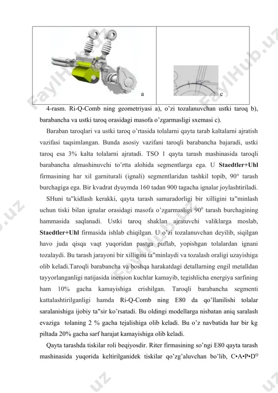 stchaning teskari aylanishi natijasida uziladi. keyin g’altakda qolgan tola qatlamini olib tashlash uchun to’g’ri tomonga aylanadi (6-rasm a); 2) bo’shagan patron magazinga yumalab tushadi,8 ta to’la xolstchalar ishchi pozitsiyasiga, ya‟ni yumalatuvchi valiklarga o’rnatiladi (6-rasm, b). 3) mahsuotning uzilgan uchlari shaylashga tayyorlanadi (6-rasm, c); 4) xolstchani aero-pic tizimi yordamida pnevmatik shaylash (6-rasm d). shundan so’ng mashina avtomatik tarzda ishga tushadi. xolstchalarni transpotirovka qiluvchi servotrolley tizimi servotrolley e 17 yarim avtomatik tizim avtomatik qayta tarash mashinasi (robolap)ga xolstchalarni transportirovkalash uchun xizmat qiladi. buning uchun pilta birlashtiruvchi mashinada aravachaga to’rtta xolstcha avtomatik tarzda yuklanadi (7-rasm). 7-rasm. xolstchalarni qayta tarash mashinalariga aravada qo’lda (chapda) va avtomatik (o’ngda) transportirovkalash servotrolley aravachasining qayta tarash mashinalariga borishi qo’lda amalga oshiriladi. ishlayotgan qayta tarash mashinalarida xolstcha g’altaklari bo’shishi bilan to’la xolstchalar valiklarga avtomatik tarzda qo’yiladi. keyin robolap tizimi yordamida xolschalar mashinada yuqorida bayon etilgandek shaylanadi. bular e80 qayta tarash mashinasi yangiliklarini tashkil etadi. foydalanilgan adabiyotlar: 1. pirmatov a.p.va …