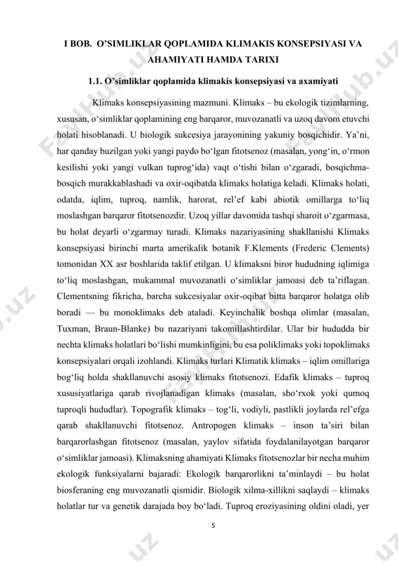 cha muhim ekologik funksiyalarni bajaradi: ekologik barqarorlikni ta’minlaydi – bu holat biosferaning eng muvozanatli qismidir. biologik xilma-xillikni saqlaydi – klimaks holatlar tur va genetik darajada boy bo‘ladi. tuproq eroziyasining oldini oladi, yer unumdorligini tabiiy holatda ushlab turadi. suv aylanishi va mikroiqlimni barqarorlashtiradi.ekologik monitoring va landshaftni tiklash ishlarida asos bo‘lib xizmat qiladi. o‘zbekiston sharoitida klimaks fitotsenozlar o‘zbekistonning iqlimiy sharoitiga qarab quyidagi klimaks fitotsenozlar ajratiladi: cho‘l zonasi – saksovul, qandim, yuzasidan barqaror cho‘l o‘simliklari. o‘rta tog‘ mintaqalari – yantoq, bodomzor, archazorlar. nam vodiy hududlar – qamishzorlar, terakzorlar. subalp va alp zonalari – butazor va giyohli fitotsenozlar.bugungi kunda ushbu klimaks holatlarning ko‘pchiligi inson faoliyati, ya’ni qishloq xo‘jaligi, qurilish, texnologik ifloslanish va o‘rmonlarning kesilishi tufayli izdan chiqmoqda. bu esa ekologik muvozanatning buzilishiga olib kelmoqda. klimaks konsepsiyasi: asosiy tushuncha klimaks — bu o‘simliklar jamoasi (fitotsenoz)ning barqaror va nisbatan doimiy holati bo‘lib, u iqlim sharoitlariga mos keladigan va o‘zgarishsiz uzoq vaqt saqlanadigan o‘simliklar jamlanmasidir. bu holat …