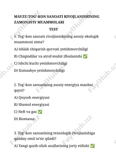 togʻ-kon sanoati rivojlanishining zamonaviy muammolari — DOCX
