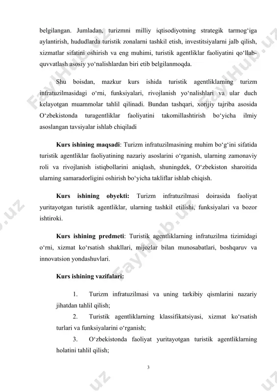 ion yondashuvlari. kurs ishining vazifalari: 1. turizm infratuzilmasi va uning tarkibiy qismlarini nazariy jihatdan tahlil qilish; 2. turistik agentliklarning klassifikatsiyasi, xizmat ko‘rsatish turlari va funksiyalarini o‘rganish; 3. o‘zbekistonda faoliyat yuritayotgan turistik agentliklarning holatini tahlil qilish; 4. agentliklar faoliyatidagi muammo va kamchiliklarni aniqlash; 5. raqamli texnologiyalar asosida turistik agentliklar xizmatlarini modernizatsiya qilish imkoniyatlarini baholash; 6. xorijiy davlatlar tajribasini o‘rganib, milliy infratuzilmaga moslashtirish; 7. turistik agentliklar faoliyatini rivojlantirish bo‘yicha aniq taklif va tavsiyalar ishlab chiqish. 1-bob. turistik tashkilot turistik bozordagi asosiy mexanizm sifatida 1.1 turoperator va turagentning roli turlarni tuzish va sotish turistik-ekskursiya tashkilotlari - turistik byurolar, sayyohlik agentliklari, turistik agentliklar va boshqalar tomonidan amalga oshiriladi.turizm bozoridagi tadbirkorlik turi nuqtai nazaridan barcha turistik-ekskursiya tashkilotlarini turistik agentliklar va turistik operatorlarga ajratish mumkin. “sayohat agenti” va “turoperator” atamalari turistik agentlik yoki kompaniyaning tadbirkorlik faoliyati yo‘nalishini belgilaydi. turoperatorlar turistik mahsulotni yig'ish, ya'ni xizmatlar (tur) majmuasini shakllantirish, ilgari surish va amalga oshirish bilan shug'ullanadilar. turoperator (ba'zi …