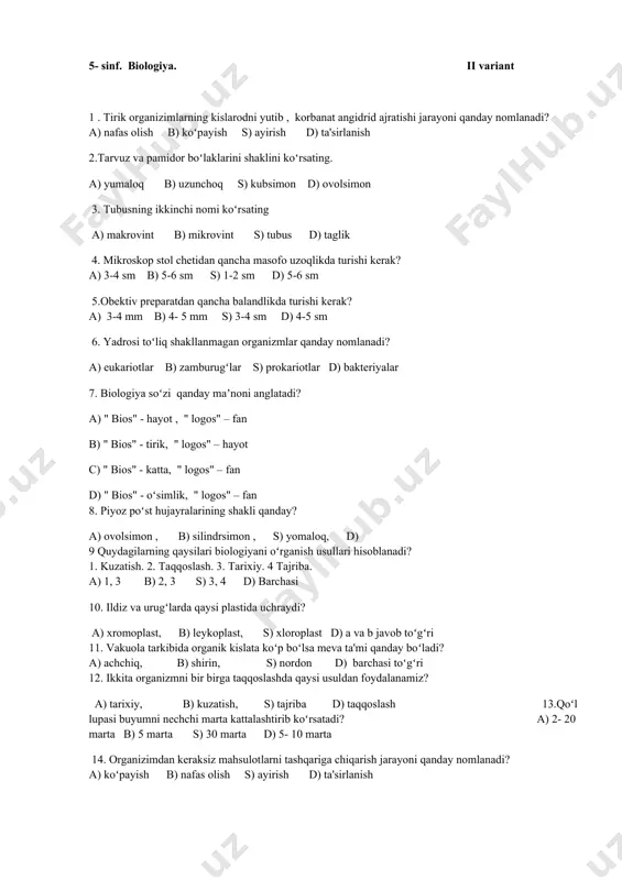 anday turlari bor? 17. hayvon hujayrasida vakuolaning qaysi turlari uchraydi? 18. kattalashtirib koʻrsatuvchi asboblarni yozing. 19. ta'sirlanish deb nimaga aytiladi? 20. mikroskopda qanday vintlar boʻladi?