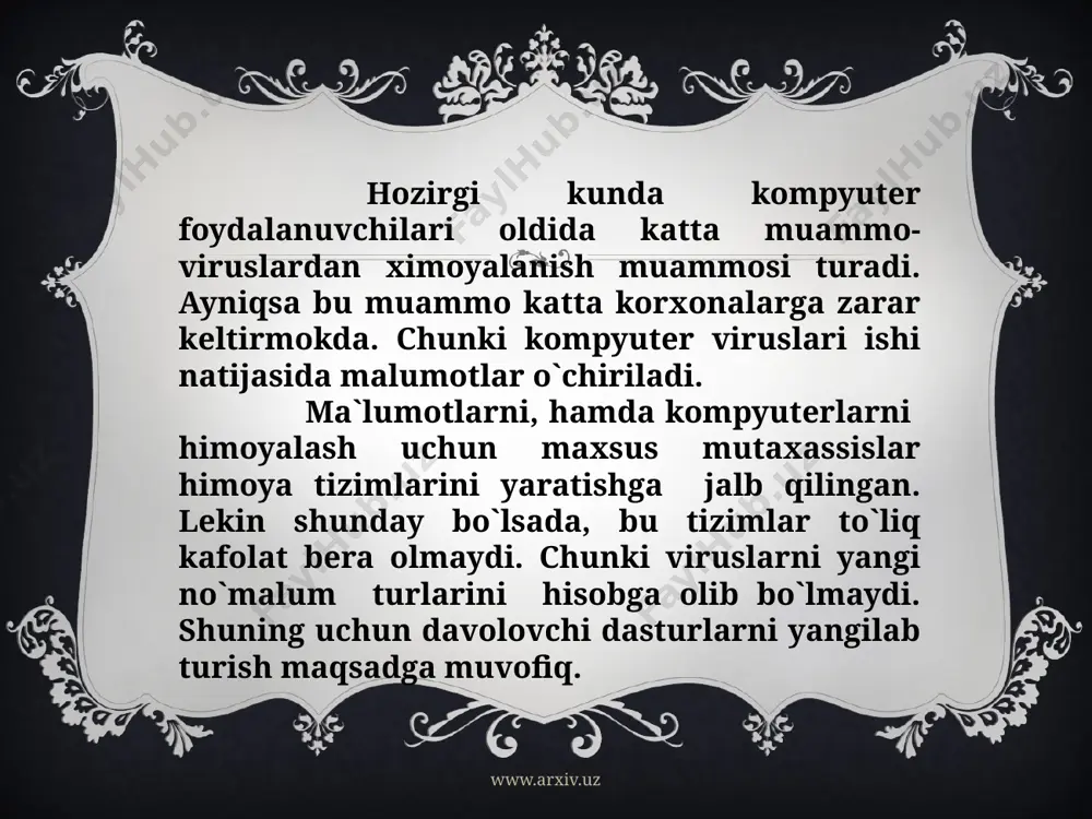 xasini saqlash, o`zgartirilgan fayllarni yangilab turish maqsadga muvofiq. viruslarni aniqlovchi va davolovchi, ularni himoya qiluvchi maxsus dasturlardan foydalanish mumkin. aniqlovchi dasturlar virus bilan shikastlangan fayllarni aniqlaydi. www.arxiv.uz www.arxiv.uz davolovchi dasturlar shikastlangan fayllarni virusdan tozalaydi va faylni shikastlanishida avvalgi holatiga tiklaydi. rеvizor dasturlar kompyutеrdagi fayllar xaqidagi ma`lumotni eslab qoladi, o`zgarish aniqlanganda, sizga xabar kеladi. rеvizor doktorlari fayllardagi o`zgarishni aniqlaydi va o`z xoliga qaytaradi. www.arxiv.uz image3.png image4.jpeg image5.jpeg image6.jpeg image7.jpeg image2.png