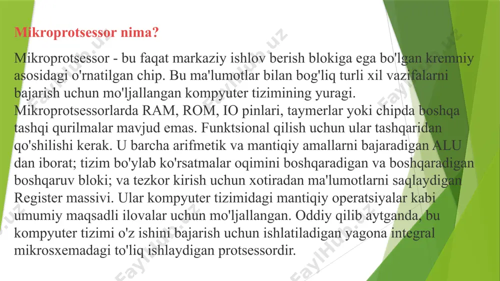 rxitekturasi mikroprotsessor oddiygina ram, rom yoki kiritish-chiqarish pinlari bo'lmagan integral mikrosxemadir. bu asosan kompyuter tizimining markaziy protsessoriga tegishli bo'lib, unga berilgan buyruqlarni oladi, sharhlaydi va bajaradi. u markaziy protsessorning funksiyalarini yagona integral sxemaga birlashtiradi. boshqa tomondan, mikrokontrollerlar mikroprotsessor sxemalarini o'z ichiga olgan va bir chipda operativ xotira, io va protsessorga ega bo'lgan kuchliroq qurilmalardir. 3) mikroprotsessor va mikrokontrollerning ishlashi mikroprotsessor ram, rom, analog va digital io kabi tashqi qurilmalarga, shuningdek ketma-ket portlarga ulanish uchun tashqi avtobusni talab qiladi. alu xotira yoki kiritish qurilmalaridan keladigan barcha arifmetik va mantiqiy amallarni bajaradi va natijalarni chiqish qurilmalarida bajaradi. mikrokontroller barcha tashqi qurilmalar bitta chipga o'rnatilgan kichik qurilma bo'lib, boshqa qurilmalarni boshqarish uchun dasturlarni ishga tushirish kabi aniq vazifalarni bajarish uchun mo'ljallangan. 4) mikroprotsessor va mikrokontrollerdagi ma'lumotlar xotirasi ma'lumotlar xotirasi - bu maxsus funktsiya registrlari va umumiy maqsadli registrlarni o'z ichiga olgan pic qismi. u vaqtinchalik ma'lumotlarni saqlaydi va oraliq natijalarni saqlaydi. mikroprotsessorlar xotirada …