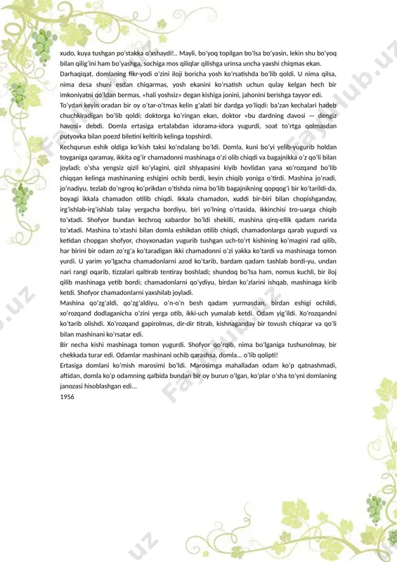 a hozir ba’zi birovlarning ko‘ngliga kelgan gapdan ham xunukroq bir taxminni aytib qoldi: — xayr, ishqilib oxiri baxayr bo‘lsin, — dedi, — kelinimiz yoshga o‘xshaydi... kiz bo‘lmasa deb qo‘rqaman! karim otaning bu taxmini, domlaning keyingi vaqtlardagi raftoriga qaraganda ehtimoldan uzoq bo‘lmasa ham, odamlarga qattiq malol keldi. bir-ikki kishi karim otaning dilini og‘ritdi. biroq, oradan ko‘p o‘tmay, karim otaning taxmini to‘g‘ri chiqib qoldi: «domla o‘zining studentkasi — yigirma yashar bir juvonga uylanayotgan emish» degan gap tarqaldi. to‘yga yaqin qolganda kelin ko‘chaning boshidagi atelega ko‘ylak buyurgani kelgan ekan, nima bo‘lib bundan habar topgan ayollar ko‘rgani borishdi. kelin, darhaqiqat, yosh, lekin xuddi qiziqchilikka semirganday yum-yumaloq; egnida yengsiz qizil ko‘ylak, boshida popushakning tojiga o‘xshagan, lekin qizil shlyapa; qo‘lidagi sumkasi, oyog‘idagi poshnasi bir qarich tuflisi ham qizil. uni adovat va nafrat bilan boshdan-oyoq kuzatgan ayollardan biri, burilib ateledan chiqib ketar ekan: — xo‘rozqandga o‘xshamay o‘l! — dedi. — karigan chog‘ida xo‘rozqand yalamay domla ham o‘lsin! …