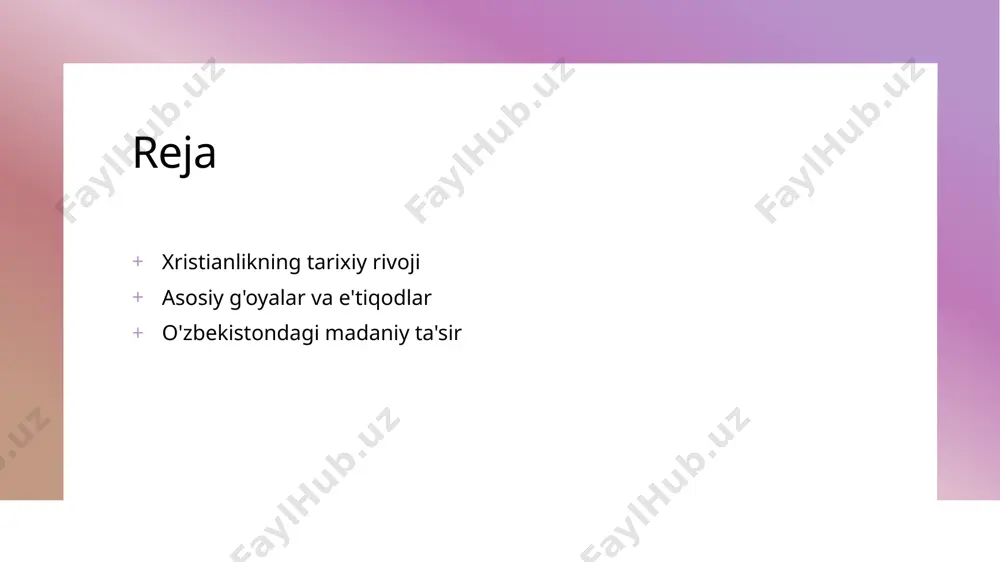 , mahalliy an'analar bilan birlashib, o'ziga xos diniy va madaniy shakllarning paydo bo'lishiga olib keldi. xristianlikning asosiy e'tiqodlari va ularning kelib chiqishi. xristianlikning asoslari xristianlik, iso masihning o'gitlari va hayoti asosida qurilgan. u, samoviy bir xudo, yaratgan va insoniyatni qutqarish g'oyasini ta'kidlaydi. uchinchi shaxs: muqaddas ruh xristianlikda muqaddas ruh xudoning uchinchi shaxsidir. u imonlilarni yo‘naltirish, quvvatlantirish va hayotga rahbarlik qilish vazifasini bajaradi. qutqarilish va imon qutqarilish, iso masihga ishonish orqali erishiladi. imon, xristianlikdagi asosiy g'oyalardan biri bo'lib, shaxsiy munosabatni ta'minlaydi. xristianlikda qabul qilingan axloqiy qadriyatlar va ularning ta'siri. 1 xristianlikning ahloqi qadriyatlari - xristianlikda axloqiy qadriyatlar asosan sevgi, rahm-shafqat va adolatga asoslangan. bu qadriyatlar, odamlar o'rtasida tinchlik va hamjihatlikni ta'minlashga xizmat qiladi. 2 sevgi va rahm-shafqat - xristianlikda sevgi va rahm-shafqat qadriyatlari muhim ahamiyatga ega. iso masihning ta'limotlari, bu qadriyatlarni hayotda tatbiq etishga undaydi, jamiyatda ijobiy o'zgarishlar keltiradi. 3 adolat va tenglik - adolat va tenglik xristianlikda asosiy tushunchalardir. ular, …
