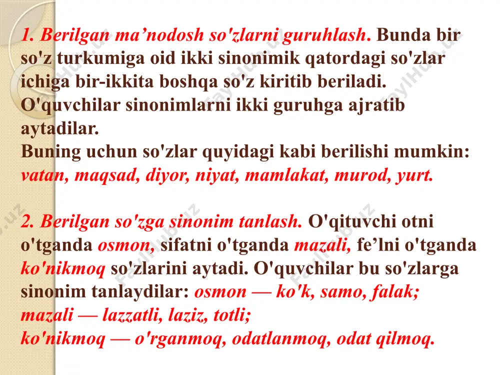 hinada har xil gulzorda terimchi paxtani mashinada terdi. gulzorda har xil gullar ochildi. 3. matnda uchragan so‘z birikmasining ma ’nosini tushuntirish. 4. matnda yoki faoliyat jarayonida uchragan yangi so‘z bilan so‘z birikmasi tuzish. mashqning bu turi so'zning ma’nosini chuqur tushunishga va undan o‘z nutqida foydalanishga yordam beradi. 5. so'z turkumlarini o'rganish bilan bog'liq holda so'z birikmasi tuzdirish. ot so'z turkumi o'tilganda, ot va sifat bilan (jonajon vatanim), ot va boshqa ot bilan (maktab bog‘i): fe’l o'tilganda, ot va fe’l bilan (kinoga bordi, maktabda bo'ldi, uydan keldi, kitobni o'qidi) so'z birikmalari tuzdiriladi. so‘z birikmasi tuzishda yo'l qo'yilgan xato gap tuzishda ham xatoga olib keladi, shuning uchun uning oldini olish kerak. masalan: o‘quvchi nutqida uchraydi: to‘g‘risi: maktabga bo‘ldim maktabda bo‘ldim. maktabni bog'i maktabning bog'i bolalar ko‘proq xatoga yo‘l qo'yadigan so'z birikmalarini yig'ib borish xatoning oldini olishga qaratilgan mashqlar tuzishga imkon yaratadi. gap ustida ishlashga oid mashqlar juda xilma-xil bo'lib, analiz va sintezning …