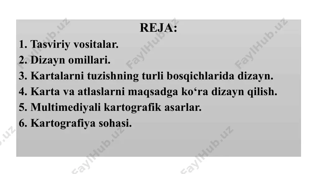grafiya asoslari va kartografiyadan laboratoriya mashg‘ulotlari. toshkent.: «o‘qituvchi», 1990. kartografik dizayn kartografiya fanining bir bo‘limi sifatida ana’naviy va zamonaviy kompyuter vositalari yordamida kartografik asarlarni badiiy loyihalash va jihozlash nazariyasi hamda metodologiyasini ishlab chiqadi va o‘rganadi. kartalarga dizayn berish jarayonida quyidagi bir­biriga bog‘liq vazifalar bajariladi: • kartografik belgilarning samarali tizimini loyihalashda, tasviriy vositalarni tanlash va baholash; • badiiy uslub va usullardan foydalanish (rang, tasvirning plastikasi va boshqalar); • kartografik asarlar tashqi ko‘rinishining dizaynini ishlab chiqish; • kompyuter texnologiyalari grafikalaridan foydalanish. ushbu fanning vazifalarni amalga oshirish har bir kartografik asarning xususiyatidan kelib chiqish, bularga kartaning masshtabi, turi,vazifasi, xarakteri, tasvirlanayotgan hudud tasvirining o‘lchami hamda nashr texnologiyalari va poligrafiya ishlab chiqarishi kabilar kiradi. karta va atlaslarni badiiy loyihalash dizaynning umumiy talablarini bajarishi zarur, ya’ni bularga kartaning mazmuni, shaklning qulayligi, iqtisodiy va yuqori darajadagi estetik sifat kiradi. ix asr boshlarida podsho ma’mun hukmronlik qilgan davrda (813–833­yillar) bag‘dodda «olimlar akademiyasi», «bayt al­hikma» («donishmandlar uyi») tashkil qilinib, …