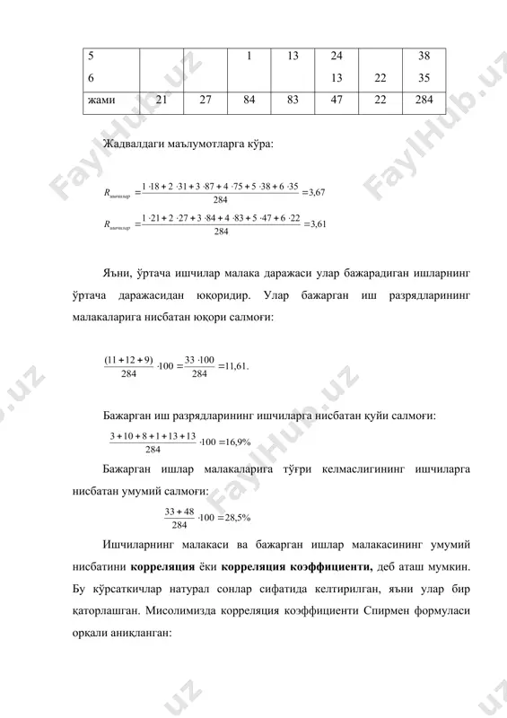 анинг чораклик жами иш вақти фоизда: 64246қ20104қ4683қ1168қ34қ90235 ишчи-куни, 1-схема ишланган ишчи-куни тўхтаб туришлар ишга келишлар мифҳисобидан ишга келмаслик максимал имкониятли иш вақти фонди (миф) навбатдаги дам олиш табель иш вақти фонди байрам ва дам олиш кунлари календарь иш вақти фонди календарь иш вақти фондидан фойдаланиш коэффициенти: чоракдаги максимал имкониятли иш вақти фонди: 90235-20104-4683қ65448 ишчи куни максимал имкониятли иш вақти фондидан фойдаланиш коэффициенти: юқоридаги мисолдан келиб чиққан ҳолда фоизлардан фойдаланиш коэффициентини кўриб чиқамиз: иш вақтидан тўлиқ фойдаланишни ифодалаш учун эса шу икки кўрсаткич бир-бирига кўпайтирилади. қурилиш статистикасида иш вақтидан фойдаланишни ўрганишда иш вақти фонди структураси таҳлил қилинади. шу мақсадда умумий календарь вақт фонди ичида қуйидаги элементлар ажратилади: байрам ва дам олиш кунлари; навбатдаги дам олиш; амалда ишланган иш кунлари; декрет таътиллари; касаллиги туфайли ишга келмаслик; қонунга биноан ишга келмаслик; маъмурият рухсати билан ишга келмаслик; ишга сабабсиз келмаслик. фондлардан фойдаланиш коэффициентлари: 1.календарь иш вақти фондидан фойдаланиш коэффициенти: амалдаги ишлаган иш вақти фонди; …