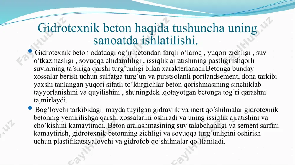 gidrotexnik betonning siqilishga mustahkamligi 180 kundan keyin aniqlanadi . gidrotexnik beton sovuqqa turg’unligi jihatdan sch-100-sch-400 markalarga , suv o’tkazuvchanlik darajasi bo’yicha v2-v12 markalarga ega. betonning u yoki bu markasini tanlash gidrotexnik inshoot betonlanadigan qurilmalarining turi vavazifasiga bog’liq . gidrotexnik inshootlarining bevosta atrof muhit ta’sir qiladigan tashqi qismlar uchun mo’ljallangan betonga ayniqsa yuqori talablar quyiladi. yo’lbop beton haqida tushuncha uning ishlatilishi. yo’lbop beton avtomagistrallar sanoat korxonalari yo’llar va shaharlar ko’chalarini qoplash uchun ishlatiladi .qoplamalar foydalanish jarayonida faqat transport vositalari emas , balki atmosfera sharoitlarini ham tasir qiladi shu sababli yo’l bop betonga mustahkamligi zichligi yeyilishi va sovuqqa chidamliligi bo’yicha yuqori talablar qo’yiladi. yo’l bop betonnng m300-m300 markalari egilishga 4-5,5 mpa chegaralarida yuqori darajada mustahkamlikka ega bo’lishi kerak, uning sovuqqa turg’unligi odatda sch 150va sch 200 markalar bilan xarakterlanadi. yo’l bop betonni tayyorlash uchun tarkibida 3ca alyuminat kubi bilan 8% bo’lgan klinkerdan tayyorlangan 500markali plastivikatsiyalangan yoki gidrofob portlandtsement tavsiya etiladi yo’l betono …