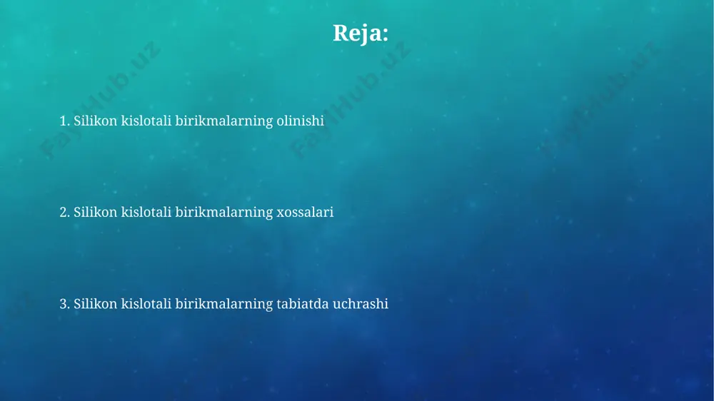 an ba'zi silikatlar, xususan, 20 dan ortiq turdagi slyudalar, elektr o'tkazuvchanligiga ega emas va yaxshi izolyatorlar hisoblanadi. silikatlarning magnit xossalari 300 k dan past haroratlarda, ayrim temir silikatlar, masalan, grenlandiyada topilgan tuzilmalar, antiferromagnetik xossalarni namoyon qiladi va ularning magnit sezuvchanligi keskin o'zgaradi. ba'zi silikatlar, masalan, magnetit (fe₃o₄) bilan aralashgan holda, 10-15% gacha bo'lgan magnitlanishga ega bo'lishi mumkin, bu esa ularning yerning magnit maydoniga ta'sirini o'rganishda muhim ahamiyat kasb etadi. silikatlarning elektr xossalari sillikatlarning elektr o'tkazuvchanligi, temperaturaga bog'liq holda, 10⁻¹⁰ dan 10⁻² sm⁻¹ gacha o'zgarib turadi va bu yer qobig'ining turli mintaqalarida joylashgan silikat minerallarining xilma-xil tuzilishi bilan bog'liq. yuqori temperaturada (masalan, 1000°c dan yuqori) ba'zi silikatlar ion o'tkazuvchanligini namoyon qiladi, bu esa ularning elektrokimyoviy xossalarini o'zgartiradi va masalan, xitoyning ba'zi hududlarida topilgan silikatlarning elektroliz jarayonlarida qo'llanilishini ta'minlaydi. kvars va uning xossalari kvars, sio2 formulasiga ega bo'lib, yer qobig'ining taxminan 12% ni tashkil etadi va dunyoning turli burchaklarida, masalan, braziliya, madagaskar …