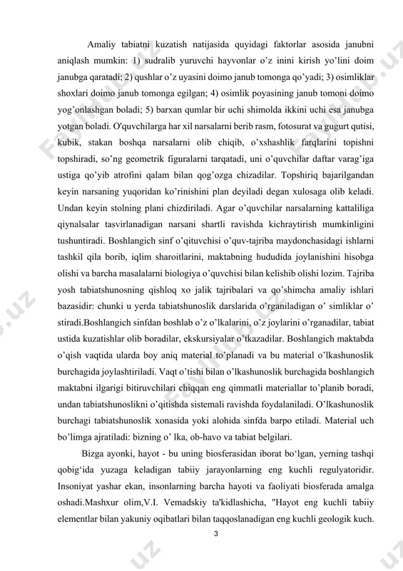 roitlarini, maktabning hududida joylanishini hisobga olishi va barcha masalalarni biologiya o’quvchisi bilan kelishib olishi lozim. tajriba yosh tabiatshunosning qishloq xo jalik tajribalari va qo’shimcha amaliy ishlari bazasidir: chunki u yerda tabiatshunoslik darslarida o’rganiladigan o’ simliklar o’ stiradi.boshlangich sinfdan boshlab o’z o’lkalarini, o’z joylarini o’rganadilar, tabiat ustida kuzatishlar olib boradilar, ekskursiyalar o’tkazadilar. boshlangich maktabda o’qish vaqtida ularda boy aniq material to’planadi va bu material o’lkashunoslik burchagida joylashtiriladi. vaqt o’tishi bilan o’lkashunoslik burchagida boshlangich maktabni ilgarigi bitiruvchilari chiqqan eng qimmatli materiallar to’planib boradi, undan tabiatshunoslikni o’qitishda sistemali ravishda foydalaniladi. o’lkashunoslik burchagi tabiatshunoslik xonasida yoki alohida sinfda barpo etiladi. material uch bo’limga ajratiladi: bizning o’ lka, ob-havo va tabiat belgilari. bizga ayonki, hayot - bu uning biosferasidan iborat bo‘lgan, yerning tashqi qobig‘ida yuzaga keladigan tabiiy jarayonlarning eng kuchli regulyatoridir. insoniyat yashar ekan, insonlarning barcha hayoti va faoliyati biosferada amalga oshadi.mashxur olim,v.i. vemadskiy ta'kidlashicha, "hayot eng kuchli tabiiy elementlar bilan yakuniy oqibatlari bilan taqqoslanadigan …