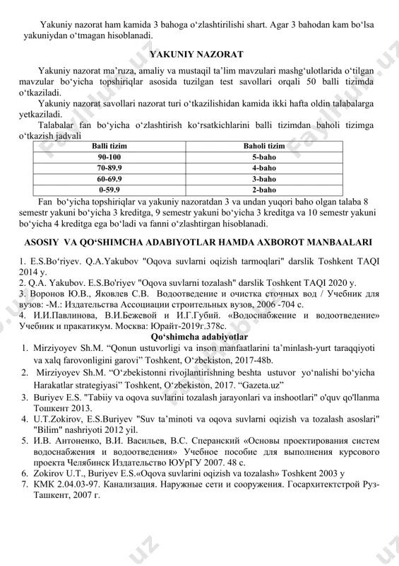 ari 1. ma’ruza, amaliy va laboratoriya mashg‘ulotlaridagi belgilangan nazorat topshiriqlarini bajarish. 2. mustaqil ta’lim topshiriqlarini topshirish. talaba yuqorida fan bo‘yicha mustaqil topshiriqlarni belgilangan muddatlarda o‘zlashtiradi va bahoning kamida 3 bilan yakunlaganda yakuniy nazorat topshirishga ruhsat etiladi. talaba mustaqil ishini bajarishda quyidagi shakllardan foydalanishi mumkin: 1.berilgan mavzular bo‘yicha axborot (taqdimot) tayyorlash; 2. nazariy bilimlarni amaliyotda qo‘llash; 3. maket, model va na’munalar yaratish; 4. ilmiy maqola, anjumanga ma’ruza tayyorlash; yuqorida ko‘rsatilgan oraliq nazorat punktlarining har biri kamida 3 bahoga o‘zlashtirilishi lozim. agar biror punktning o‘zlashtirilishi 3 bahodan kam bo‘lsa, o‘zlashtirilmagan hisoblanadi. yakuniy nazorat ham kamida 3 bahoga o‘zlashtirilishi shart. agar 3 bahodan kam bo‘lsa yakuniydan o‘tmagan hisoblanadi. yakuniy nazorat yakuniy nazorat ma’ruza, amaliy va mustaqil ta’lim mavzulari mashg‘ulotlarida o‘tilgan mavzular bo‘yicha topshiriqlar asosida tuzilgan test savollari orqali 50 balli tizimda o‘tkaziladi. yakuniy nazorat savollari nazorat turi o‘tkazilishidan kamida ikki hafta oldin talabalarga yetkaziladi. talabalar fan bo‘yicha o‘zlashtirish ko‘rsatkichlarini balli tizimdan baholi tizimga …