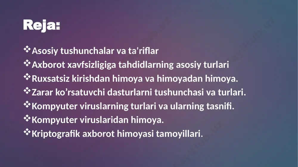 ning oldini olish kabi asosiy vazifalarni ta’minlaydi. himoyaga qo’yiladigan talablarning asosini tahdidlar ro’yxati tashkil etadi. insonlar orqali: - begona shaxs tomonidan ekrandan axborotni o‘qish; - shifrlangan axborotni programma yordamida ochish; - axborot fizik tashuvchilarini o‘g‘rilash. himoyaga qo’yiladigan talablarning asosini tahdidlar ro’yxati tashkil etadi. apparat orqali: - kompyuterga axborotlarni kiritishni ta’minlovchi maxsus apparat vositalarini ulash; elektromagnit signallarini ushlab qolish uchun maxsus texnika vositalarini qo‘llash image1.jpg image2.png image3.jpg image4.jpg image5.jpg image6.jpg image7.jpg image8.png image9.png image10.jpg image11.jpg image12.jpg image13.jpg /docprops/thumbnail.jpeg