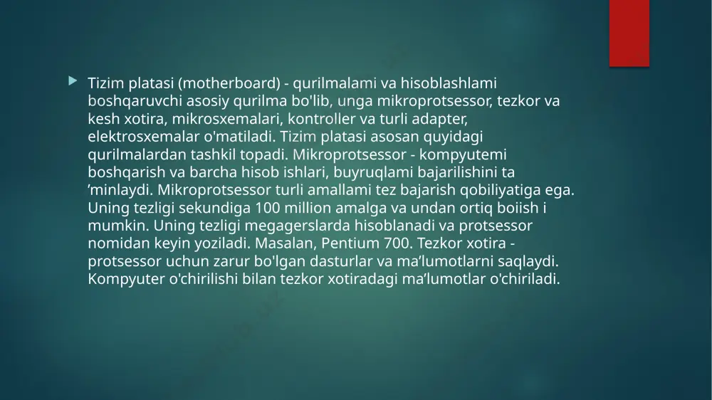 mikrosxemalari uchun razyomlar. bu konstruktiv elementlar yuqori darajali birlashtirish bilan apparat pog‘onasidagi asosiy elektron tashkil etuvchilarni birlashtiradi. ko‘pincha ona platalarda audio va video vositalarning elektron tashkil etuvchilari joylashtiriladi. tashqi qurilmalarning tizimli blokka ulanishi, razyomlari tizimli blokning old yoki orqa panellarga joylashtirilgan, tashqi interfeys vositalari yordamida tashkil qilinadi. masalan, sichqoncha ko‘rinishidagi boshqaruv qurilmasini ulash uchun com-port, bosmaga chiqarish qurilmasi uchun lpt-port ishlatiladi. hozirgi kunda o‘nlab firmalar tuzilishi, ular tomonidan qo‘llanilishi mumkin bo‘lgan protsessor turlari va ularning taktlash chastotalari hamda ishchi kuchlanishlarning kattaliklari bilan farqlanuvchi, turli xil tizimli bloklarni katta miqdorda ishlab chiqarmoqdalar. tizimli platalar har xil turdagi tizimli, lokal va tashqi shinalarning interfeyslarini quvvatlaydi. shk ning ishlash samaradorligi qo‘llanuvchi shinalar tarkibiga va bu shinalar uchun mo‘ljallangan platadagi mavjud slotlar miqdoriga bog‘liqdir. integral sxemalar haqida tushuncha shk ning tizimli shinasiga va mpga tipik tashqi qurilmalar bilan bir qatorda ba'zi bir qo’shimcha integral mikrosxemalar ulangan bo’lishi mumkin; ular mikroprosessorning ish imkoniyatlarini kengaytiradi va …