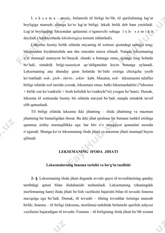 birligi (leksema, morfema) tarkibida birlamchi qurilish ashyosi vazifasini bajaradigan til tovushi. fonema – til birligining ifoda jihati bo‘lib xizmat qiladigan va shu orqali til birliklarining o‘zaro farq-lanishini ham ta'minlaydigan til tovushi. fonema til qurilishidagi alohida bir hodisa, alohida birlik emas, balki til qurilishiga mansub tovushlarning ijtimoiy vazifa bajarish holati xolos: til tovushiga ijtimoiy vazifasiga ko‘ra fonema nomi berilgan. afsuski, fonema nazariyasi rivojlangan sari til tovushiga xos artikulyatsion belgi-xususiyatlar ham fonemaga tortib olinib, til tovushi tilning qurilish birligi sifatida umuman gapirilmaydigan, til birligi deb to‘g‘ridan to‘g‘ri fonema aytiladigan bo‘ldi, "til tovushi" tushunchasi go‘yo "fonema" tushunchasiga singdirildi. aslida til qurilishiga xos birliklar (birlamchi qurilish birliklari) sifatida avvalo til tovushlari tasvirlanadi, keyin-gina shu til tovushlari ijtimoiy vazifasiga ko‘ra fonema sifatida o‘rganiladi. leksemalarning ifoda jihati dastlab bir bo‘g‘inli leksemalar bo‘yicha bayon qilinadi. bo‘g‘inni tasvirlash nuqtayi nazaridan til tovushlari bo‘g‘in hosil qiladigan va bo‘g‘in hosil qilmaydigan tovush deb ikkiga ajratiladi. bi-rinchi turga ovoz tovush kiritilib, …