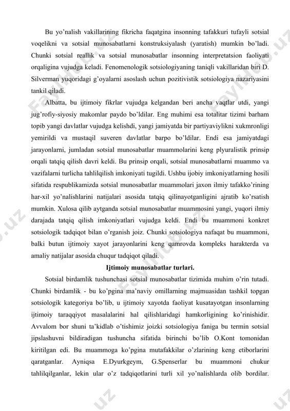 majmuasidan tashkil topgan sotsiologik kategoriya bo’lib, u ijtimoiy xayotda faoliyat kusatayotgan insonlarning ijtimoiy taraqqiyot masalalarini hal qilishlaridagi hamkorligining ko’rinishidir. avvalom bor shuni ta’kidlab o’tishimiz joizki sotsiologiya faniga bu termin sotsial jipslashuvni bildiradigan tushuncha sifatida birinchi bo’lib o.kont tomonidan kiritilgan edi. bu muammoga ko’pgina mutafakkilar o’zlarining keng etiborlarini qaratganlar. ayniqsa e.dyurkgeym, g.spenserlar bu muammoni chukur tahlilqilganlar, lekin ular o’z tadqiqotlarini turli xil yo’nalishlarda olib bordilar. e.dyutkgeymning fikricha sotsial birdamlikni bu ahloqiy prinsip va oliy universal qadriyat bo’lib, u jamiyatning har bir a’zost tomonidan tan olinadi. o.kont va g.spenserlarning tadqiqotlarida sotsial birdamlikni asosini iqtisodiy mafaatlar tashkil qilishi markaziy o’rin egallaydi. g.spenser o’zining birdamlik ta’limotida majburiy va kungilliy birdamlikni ajratib ko’rsatadi. uning fikricha kishilik jamiyati o’zining rivojlanish yo’lida ikkita harbiy va sanoat davrlari bo’linadi. butun xayot bu yerda intizomga asoslangan. sanoat turidagi jamiyat esa osoyishta ijtimoiy hamkorlikni erkin shakillari ifoda etadi. muammoni xuddi ikkita jihatga ajratib tahlilqilishni d.dyurkgeymning ham ilmiy faoliyatida qurish mumkin. …