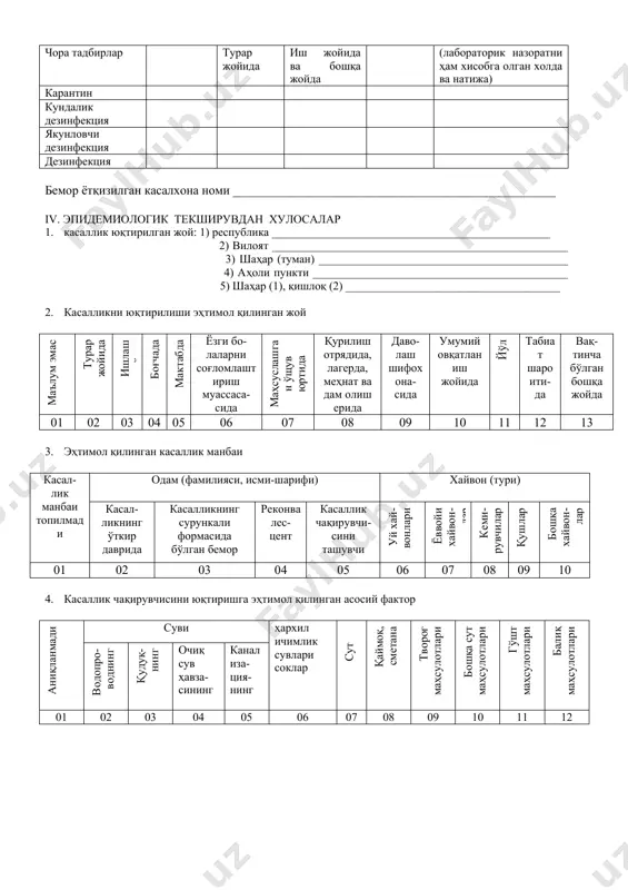 ashgan jamoalarda shaxslarni tekshiruv: kollektiv- ning nomi turar joyi muloqatda bo'lganlar soni maxsus profilak-tik modda olishi kerak maxsus profilaktik modda bilan davolandi laboratoriya-li tekshiruv o'tkazildi topildi topilgan vaqti vaqti kishi soni bemor batsillonositel shu shaxslar uchun maxsus va boshqa ko'rinishdagi profilaktik tadbirlar (yashash joyida) bu haqda kimga habar qilingan keyingi kasallikni profilaktikasi laboratorik tekshiruv kuzatish nati-jasi vaqti prepa-rat doza-si seriya- si vaqti natija olingan vaqt 46. o'choqda kasallik o'tkazuvchi mehanizmni, zararsizlantirish choralari chora tadbirlar preparat turi o'tkazilgan vaqti bajaruv-chilar bajarilishini nazoratlash (laboratorik nazoratni ham xisobga olgan xolda va natija) turar joyida ish joyida va boshqa joyda karantin kundalik dezinfektsiya yakunlovchi dezinfektsiya dezinfektsiya bemor yotqizilgan kasalxona nomi ___________________________________________________ iv. epidemiologik tekshiruvdan xulosalar 1. kasallik yuqtirilgan joy: 1) respublika ________________________________________________ 2) viloyat ___________________________________________________ 3) shahar (tuman) ___________________________________________ 4) aholi punkti ____________________________________________ 5) shahar (1), qishloq (2) _____________________________________ 2. kasallikni yuqtirilishi ehtimol qilingan joy ma'lum emas turar joyida ishlash joyida bog'chada maktabda yozgi …