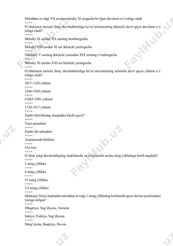 avlatchiliginig shakllanishi va rivojlanishi necha ming yilliklarga borib taqaladi? ==== 5 ming yillikka ==== 4 ming yillikka ==== #3 ming yillikka ==== 3,5 ming yillikka ++++ markaziy osiyo hududida miloddan avvalgi 1 ming yillikning boshlarida qaysi davlat uyushmalari yuzaga kelgan? ==== #baqtriya, sug‘diyona, xorazm ==== sakiya, frakiya, sug‘diyona ==== marg‘iyona, baqtriya, dovon ==== dovon, parkana, xorazm ++++ qator ilmiy, yozma va arxeologik manbalarga qaraganda, markaziy osiyo hududida ahmoniylarning hukmronligiga qadar amudaryoning quyi oqimidagi yerlarda qaysi davlat joylashgan? ==== qadimgi baqtriya davlati ==== qadimgi sug‘diyona davlati ==== qadimgi marg‘iyona davlati ==== #qadimgi xorazm davlati ++++ qator ilmiy, yozma va arxeologik manbalarga qaraganda, markaziy osiyo hududida ahmoniylarning hukmronligiga qadar qashqadaryo va zarafshon vohalari hududlarida qaysi davlat joylashgan? ==== qadimgi baqtriya davlati ==== #qadimgi sug‘diyona davlati ==== qadimgi marg‘iyona davlati ==== qadimgi xorazm davlati ++++ qator ilmiy, yozma va arxeologik manbalarga qaraganda, markaziy osiyo hududida ahmoniylarning hukmronligiga qadar o‘zbekistonning janubiy va afg‘onistonning hududlaridagi …