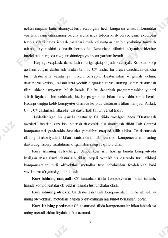 1-rasm) 1-rasm. form oynasini hosil qilish komponentalar form oynasi hosil qilingach paydo bo’ladi. komponentalarni shaklga o’rnatish uchun komponentlar palitrasidagi kerakli piktogramma tanlanadi, so’ngra shaklning komponenta joylanishi kerak bo’lgan joyi tanlanadi. komponentalar windows form oynasida da joylashgan bo’ladi. yoki view menyusidan tool ni tanlab bizga kerakli komponentalarni ko’rishimiz mumkin. (2-rasm) 1-rasm. komponentalar oynasini hosil qilish komponentalar oynasi quyidagi asosiy komponentalardan tashkil topadi: · textbox · label · combobox · picturebox · progressbar · button · checkbox · radiobutton · datetimepicker · listbox · panel · tabcontrol · masked textbox · listview · datetimepicker · domainupdown · month calendar · numericupdown · rich textbox button komponentasi button komponentasi (uzb “tugma”, рус “кнопка”) windows forms komponentalar guruhida joylashgan. bu komponenta form oynasining istalgan joyiga joylashtiriladi va sichqoncha tugmasini button komponentasining ustida bosilgan paytda biror bir funksiyani amalga oshiradi. button komponentasi asosiy xossalari quyidagilar: backcolor- ushbu xossa orqali tugmachaning orqa rangini tanlashimiz mumkin.backgroundimage- bu …