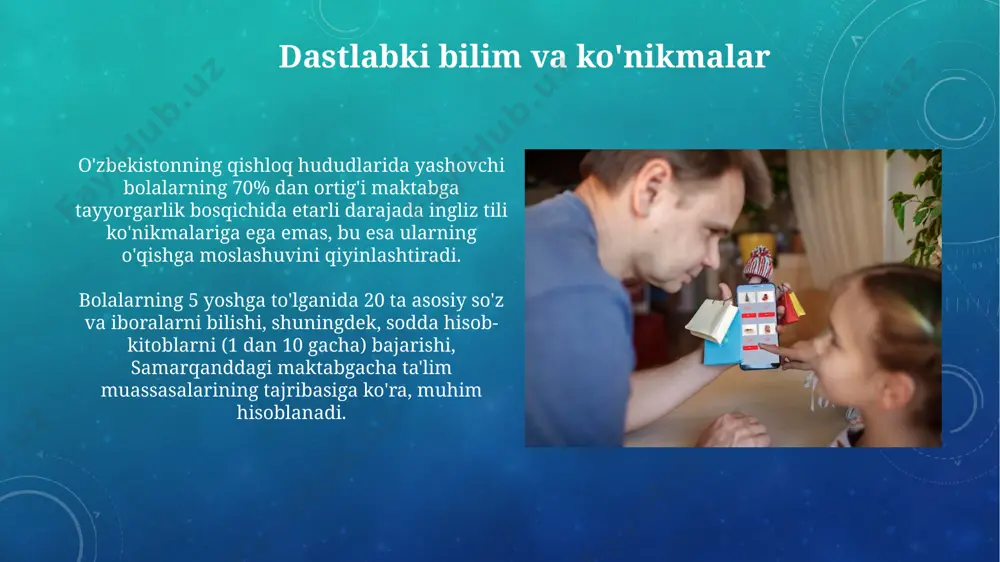 jismoniy tayyorgarligi bolalarning jismoniy chidamliligi, masalan, 30 daqiqa davomida o‘tirish qobiliyati, maktabdagi darslarga tayyorlikning muhim ko‘rsatkichidir. samarqand viloyatida o‘tkazilgan tadqiqotlar shuni ko‘rsatdiki, 6 yoshli bolalarning 65%i bu talabga javob beradi. bolaning jismoniy tayyorgarligi, 5 yoshga kelib, qo‘l va oyoq mushaklarining rivojlanishi bilan aniqlanadi, bu esa maktabdagi yozuv va chizish mashg‘ulotlarida muhim ahamiyatga ega, masalan, toshkentdagi bolalar bog‘chalarida o‘tkazilgan kuzatuvlarda 80% bolaning qo‘l mushaklarining yetarli darajada rivojlanganligi aniqlangan. bolaning ijtimoiy-emotsional tayyorgarligi yosh bolalarning ijtimoiy-emotsional tayyorgarligiga ta’sir etuvchi omillar orasida oilaning ijtimoiy-iqtisodiy ahvoli va ota-onalarning tarbiya uslublari muhim ahamiyat kasb etadi, bu esa toshkent shahridagi 100 ta oila bilan o‘tkazilgan so‘rovnomalar orqali tasdiqlangan. o‘zbekistonning qishloq hududlarida, 4 yoshdan kichik bolalarning 35 foizida o‘z-o‘zini boshqarish va his-tuyg‘ularini ifoda etish qobiliyatlari pastligi kuzatilgan. bolaning intellektual tayyorgarligi bolalarni maktabgacha ta'limga tayyorlashda, 5 yoshga to'lgan 100 nafar toshkent shahridagi bolaning 70 foizi o'qishga tayyorligi sinovlar natijalariga ko'ra aniqlangan. maktabga tayyorgarlik darajasini aniqlashda, o'rtacha hisobda, 4 yoshli …