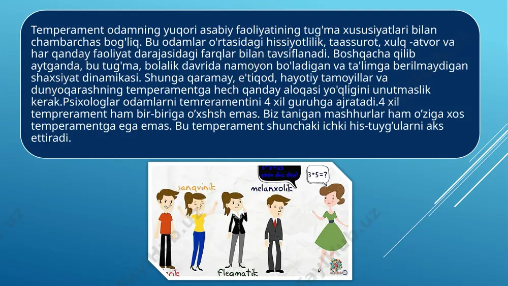 qi ogohlantirishlar bilan osongina chalg'itiladi. sangivinik kuchli muvozanatlashgan, harakatchan (sangvinik) tipdagilar hozirjavob, vaziyatni tez baholaydigan, xushchaqchaq va xushmuomala boladi. sangviniklar – sho‘x va quvnoq odamlar sangviniklar — sho‘x, quvnoq, tirishqoq va ta’sirchan kishilardir. ular tevarak-atrofga tez moslashadi. reaksiyalari yetarlicha kuchli yoki o‘rtamiyona bo‘ladi. ular bilimni tez va osongina o‘zlashtirsalar-da, hamma vaqt ham puxta egallamaydilar. muomalada ular ko‘proq shirinsuxan, quvnoq va gapdon odamlardir. sangviniklar ishga osongina berilib ketib, jadal ishlashga qodir bo‘lishadi, lekin muntazam ravishda doimiy mehnat qilishga ancha qiynaladilar. shu bilan birga ular tirishqoq va faol bo‘lishadi, boshqa kishilar bilan osongina til topishadi. flegmatiklar – vazmin odamlar flegmatiklar — vazmin kishilardir. ular uchun shoshmaslik va bosiqlik o‘ta xos. bunday odamlar murakkab hayotiy vaziyatlarda kamharakatchan bo‘lishsa-da, qo‘yilgan maqsadga erishishda ancha dadil bo‘lishadi. bilimni sekinroq o‘zlashtirsalar ham, puxta egallashadi. agar sangvinik alangaga o‘xshatilsa (u tez yonib, tezda so‘nadi), flegmatik sekin va uzoq yonadigan alangaga o‘xshaydi. biror narsaga tez javob qilish kerak bo‘lsa, …