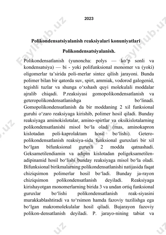 lar, sellyuloza va h.k. biosintezining asosini tashkil etadi. p. reaksiyalari yuqori molekulali birikmalar (poliamidlar, poliefirlar, polikarbonatlar, fenol-formaldegid, mochevina-formaldegid, melamin-formaldegid smolalar, kremniy organik va maxsus xossali polimerlar) olishda qoʻllanadi. har bosqich reaksiyadan so’ngsuv, spirt, ammiak, vodorod xlorid va shunga o’xshash quyi molekulyar moddalarajralib chiqishi bilan boradigan yuqori molekulyar birikmalar hosil bo’lish reaksiyasi polikondensatlanish reaksiyasi deyiladi. reaksiya natijasida hosil bo’lgan yuqori molekulyar birikmalar elementar tartibi reaksiya davomida quyi molekulyar moddalar ajralgani sababli, dastlabki olingan monomerlar tarkibidan farq qiladi. polikondensatlanish reaksiyasiga tarkibida ikkita yoki undan ortiq turli funksional gruppalari bor moddalar kirisha oladi. agar bir moddaning o’zida ikki xil funksional gruppa bo’lsa-yu, ular o’zaro reaksiyaga kirishib, polimer hosil qilsa, bunday reaksiya gomopolikondensatlanish deyiladi. bunday reaksiyalarga aminokislotalar, aminospertlar va oksikislotalarning polikondensatlanishi misol bola oladi. misol tariqasida aminokapron kislotadan polikaprolaktam hosil bo’lishini ko’rib chiqamiz: t0 nnh2–(-ch2-)5cooh → h–[-nh–(-ch2-)5–co-]n–oh+(n–1)h2o har qaysi elementar reaksiyadan so’ng ikki xil funksional gruppali barqaror oraliq modda hosil bo’ladi. bu oraliq moddani …