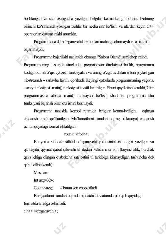 harakati amalga oshiriladi. shuni qayd etish kerakki, oqimga qiymat kiritishda probel ajratuvchi hisoblanadi. haqiqiy sonning butun va kasr qismlari ' . ' belgisi bilan ajratiladi. c++ tili alfaviti va leksemalar:[1(35-43), 2(13-19), 3(9-10)] c ++ tili alfaviti va leksemalariga quyidagilar kiradi: - katta va kichik lotin alfaviti harflari; - raqamlar - 0,1,2,3,4,5,6,7,8,9; - maxsus belgilar: " {} | [] () + - / % \ ; ' : ? _ ! & ~ # ^ . * alfavit belgilaridan tilning leksemalari shakllantiriladi: - identifikatorlar; - kalit (xizmatchi yoki zahiralangan) so‘zlar; - o‘zgarmaslar; - amallar belgilanishlari; - ajratuvchilar. identifikatorlar va kalit so‘zlar:[1(43-52),3(10-11)]programmalash tilining muhim tayanch tushunchalaridan biri identifikator tushunchasidir. identifikator- deganda katta va kichik lotin harflari, raqamlar va tag chiziq ('_') belgilaridan tashkil topgan va raqamdan boshlanmaydigan belgilar ketma-ketligi tushu-niladi. identifikatorlarda harflarning registrlari (katta yoki kichikligi) hisobga olinadi. masalan, run, run, run - bu har xil identifikatorlardir. identifikator uzunligiga chegara qo‘yilmagan, lekin …