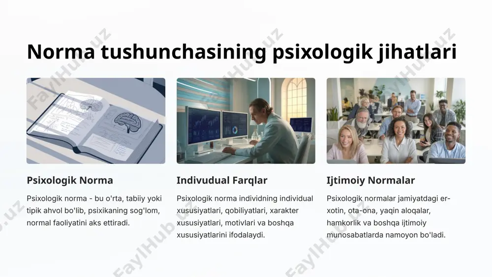 htirilgan standartlar test natijalarini individual, guruhiy yoki umumiy standartlar bilan solishtirib baholash imkonini beradi. 13 psixologik testlarni normaviylashtirishning ahamiyati 1 standartlashtirilgan baholash normalashtirish orqali testlar samarali va muntazam baholashni ta'minlaydi. 2 mukammallashtirish test natijalari statistik tahlil qilish orqali tekshiriladi va osonlashtiriladi. 3 taqqoslash imkoniyati normashtirish natijasida turli guruhlarni bir-biri bilan solishtirib ko'rish mumkin. 4 axborot zaxirasi normallashtirilgan testlar ma'lumotlar bazasini hosil qilish uchun asos bo'ladi. 14 xulosa va takliflar normal taqsimlanish qonuniyatlari normal taqsimlanish qonuniyatlari psixologiyada keng qo'llaniladi. bu qonuniyatlar psixologik ko'rsatkichlarni tahlil qilishga va ularni standartlashtirish va baholashga imkon beradi. psixologik testlarni normaviylashtirishning ahamiyati psixologik testlarni normaviylashtirish ularning ishonchliligi va yaroqliligi darajasini oshiradi. bu esa testdan olingan natijalarga asoslangan xulosa va tavsiyalar berish imkonini beradi. normaviylashtirilgan shkalalar normaviylashtirilgan shkalalar psixologik ko'rsatkichlarga nisbatan individual natijalarni baholash va taqqoslash imkonini beradi. ushbu shkalalar qo'llanilishi qabul qilingan mezoniy normalar asosida tahlil qilishga olib keladi. 15 foydalanilgan adabiyotlar asosiy manbalar bebaxsh, a.a., badalova, …